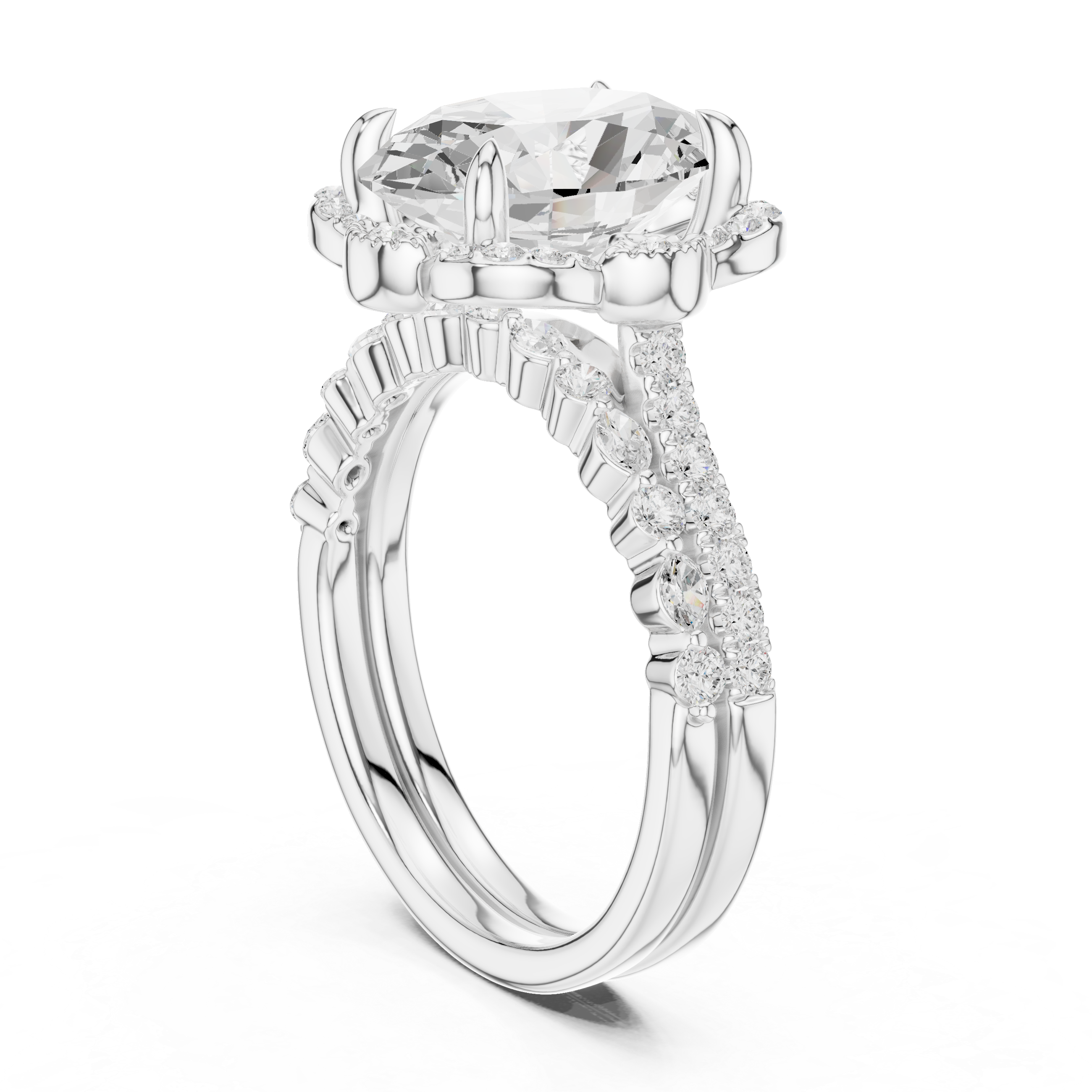 Vintage Floral Halo Oval Cut Engagement Ring with Split Diamond Band