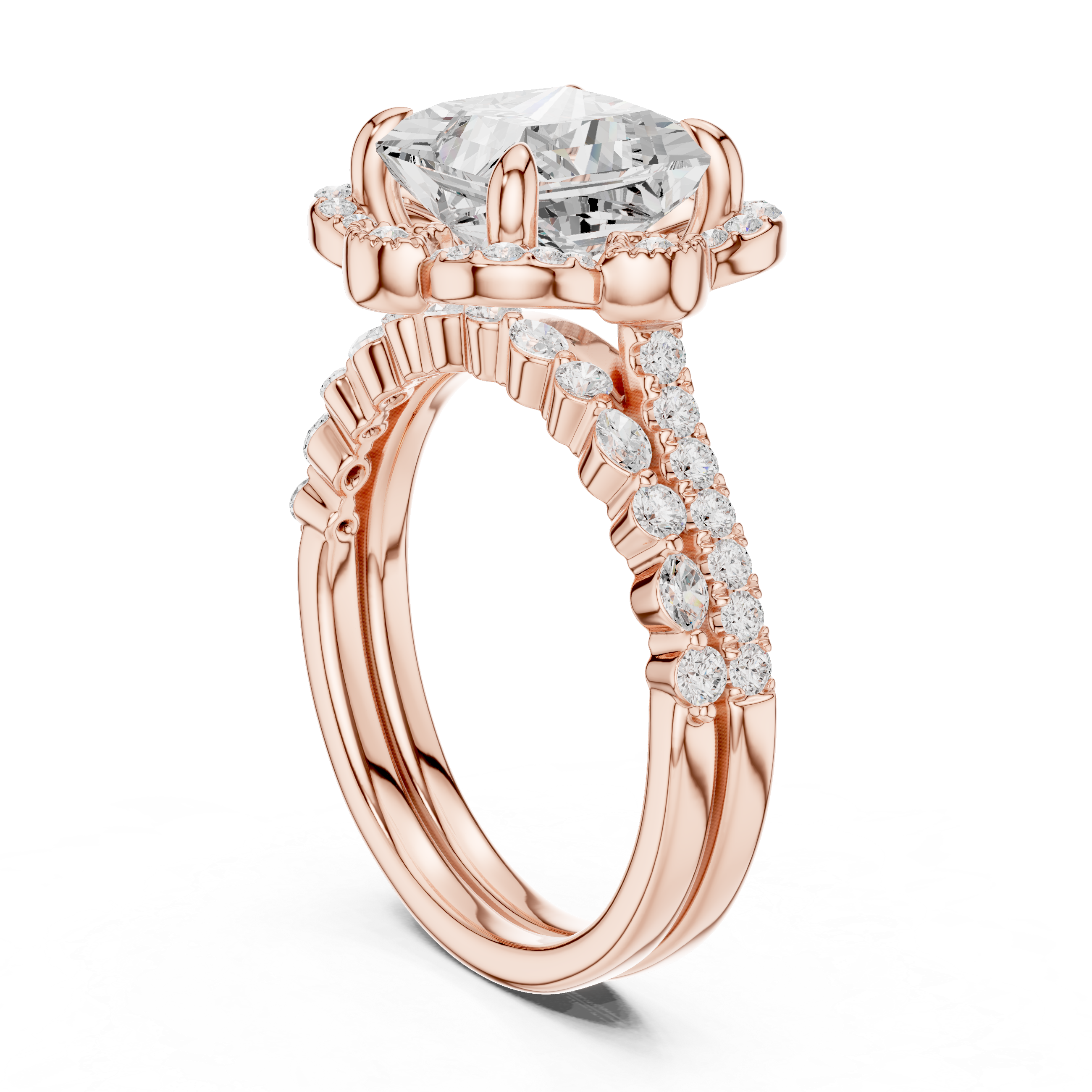 Vintage Floral Halo Princess Cut Engagement Ring with Split Diamond Band