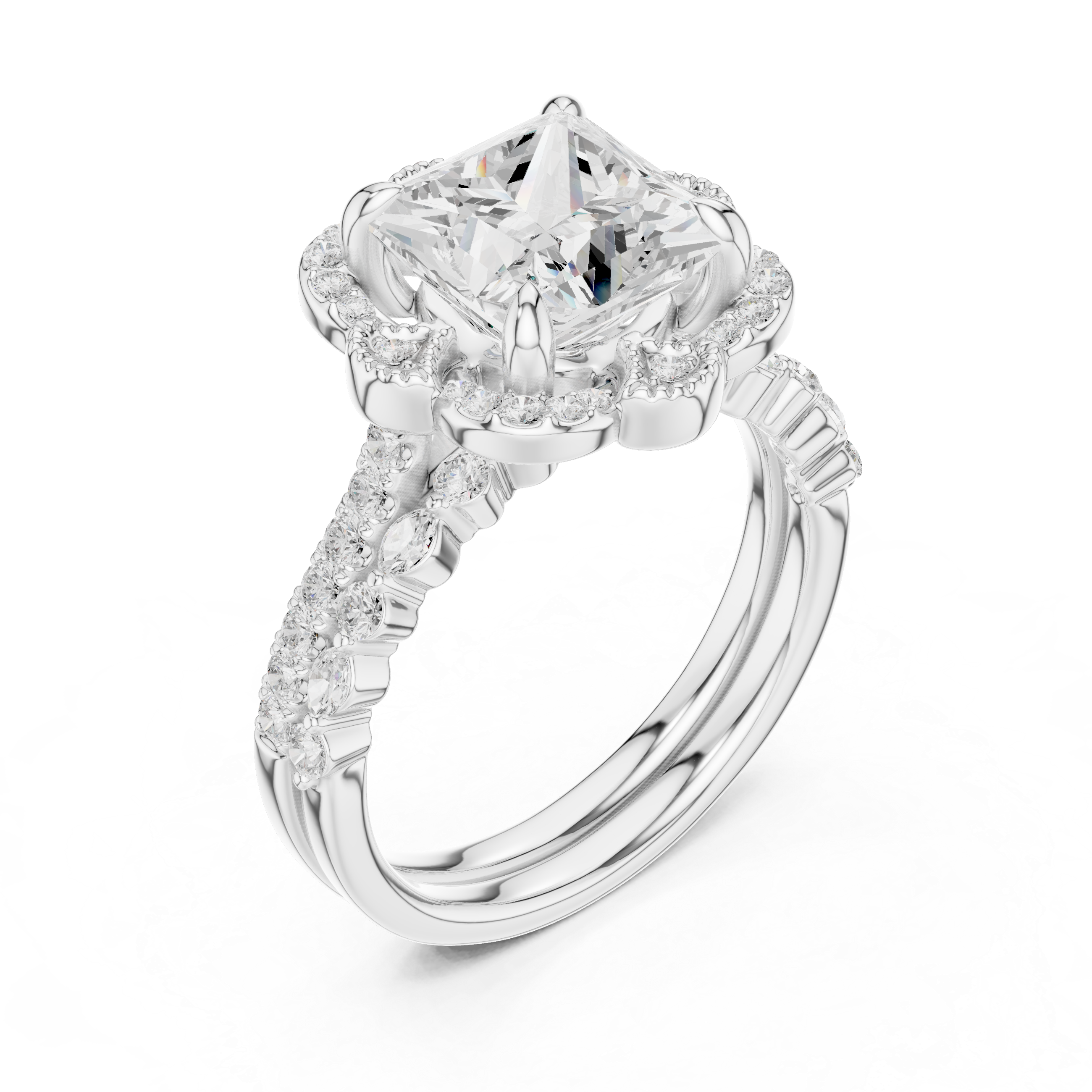 Princess Cut Floral Halo Engagement Ring with Diamond Accent Split Band