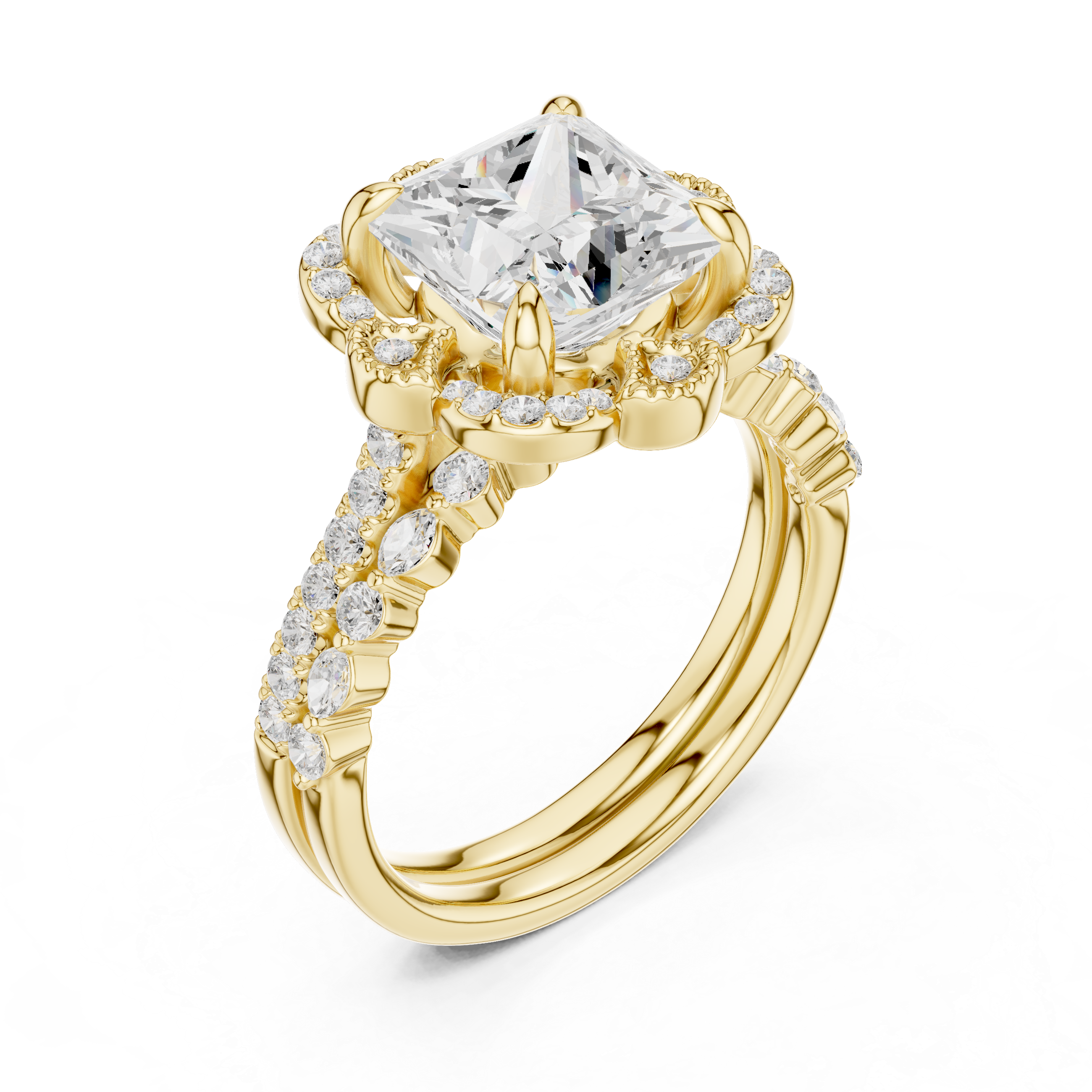 Princess Cut Floral Halo Engagement Ring with Diamond Accent Split Band