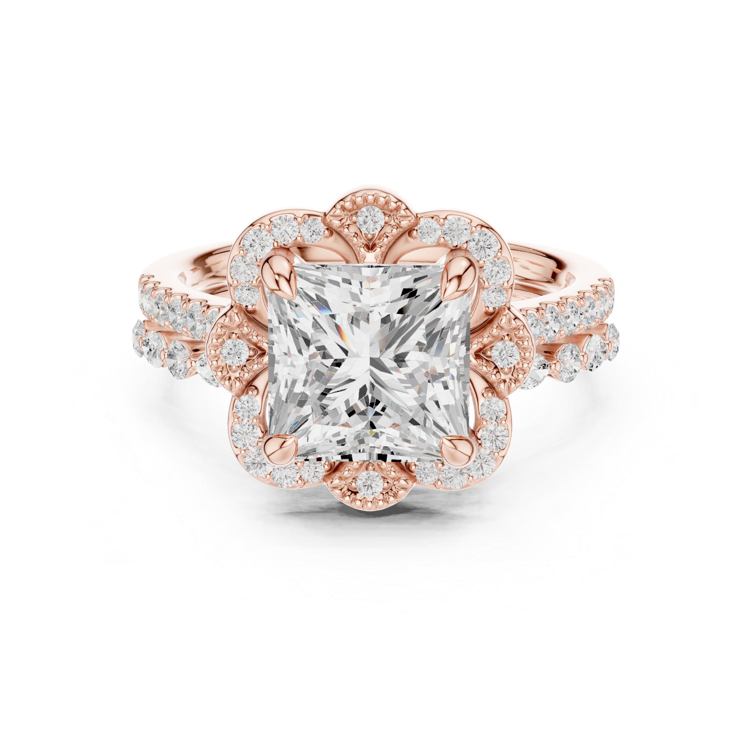 Princess Cut Floral Halo Engagement Ring with Diamond Accent Split Band