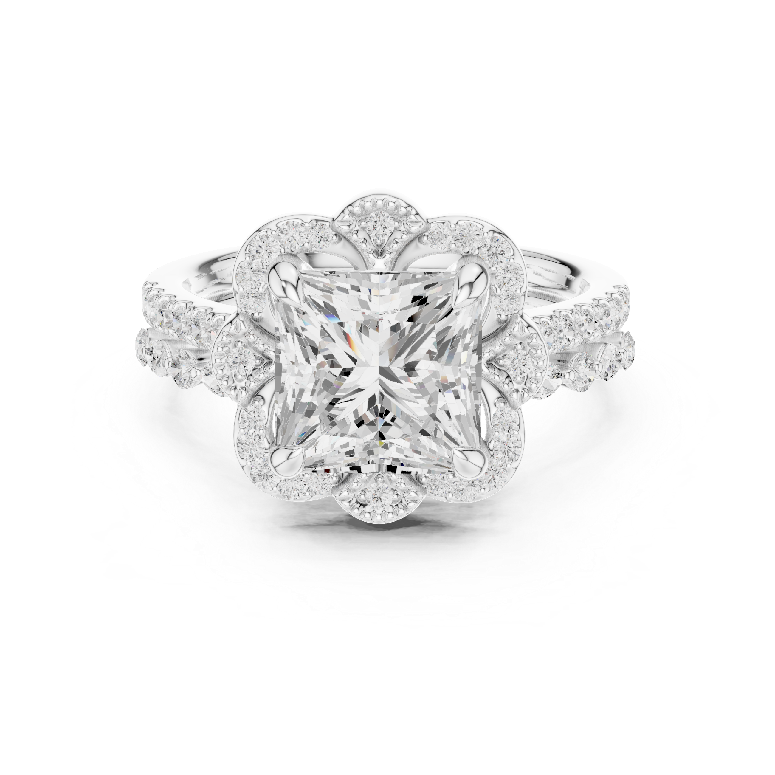 Vintage Floral Halo Princess Cut Engagement Ring with Split Diamond Band
