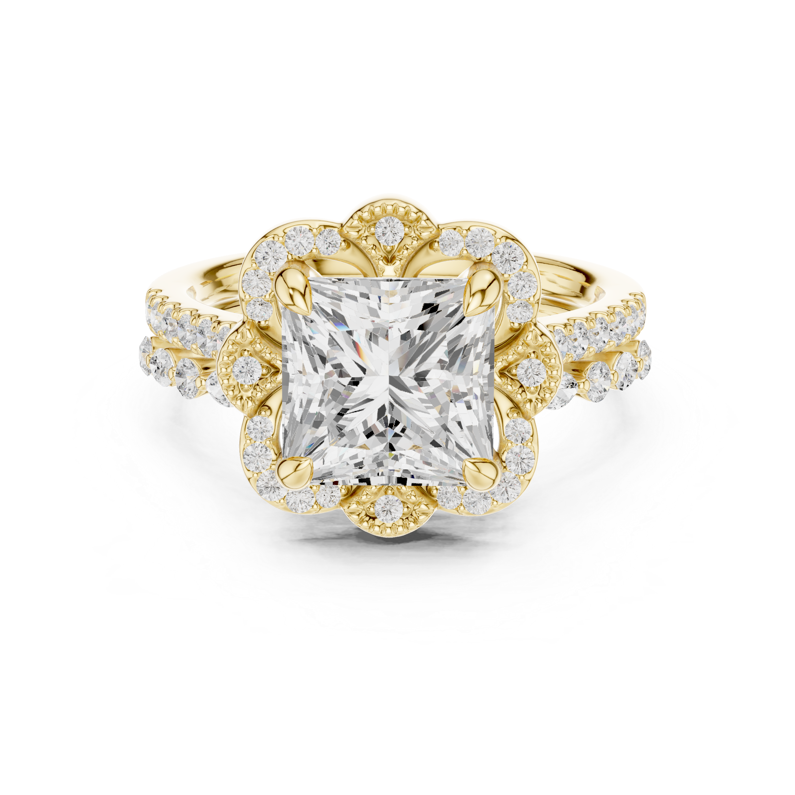Vintage Floral Halo Princess Cut Engagement Ring with Split Diamond Band