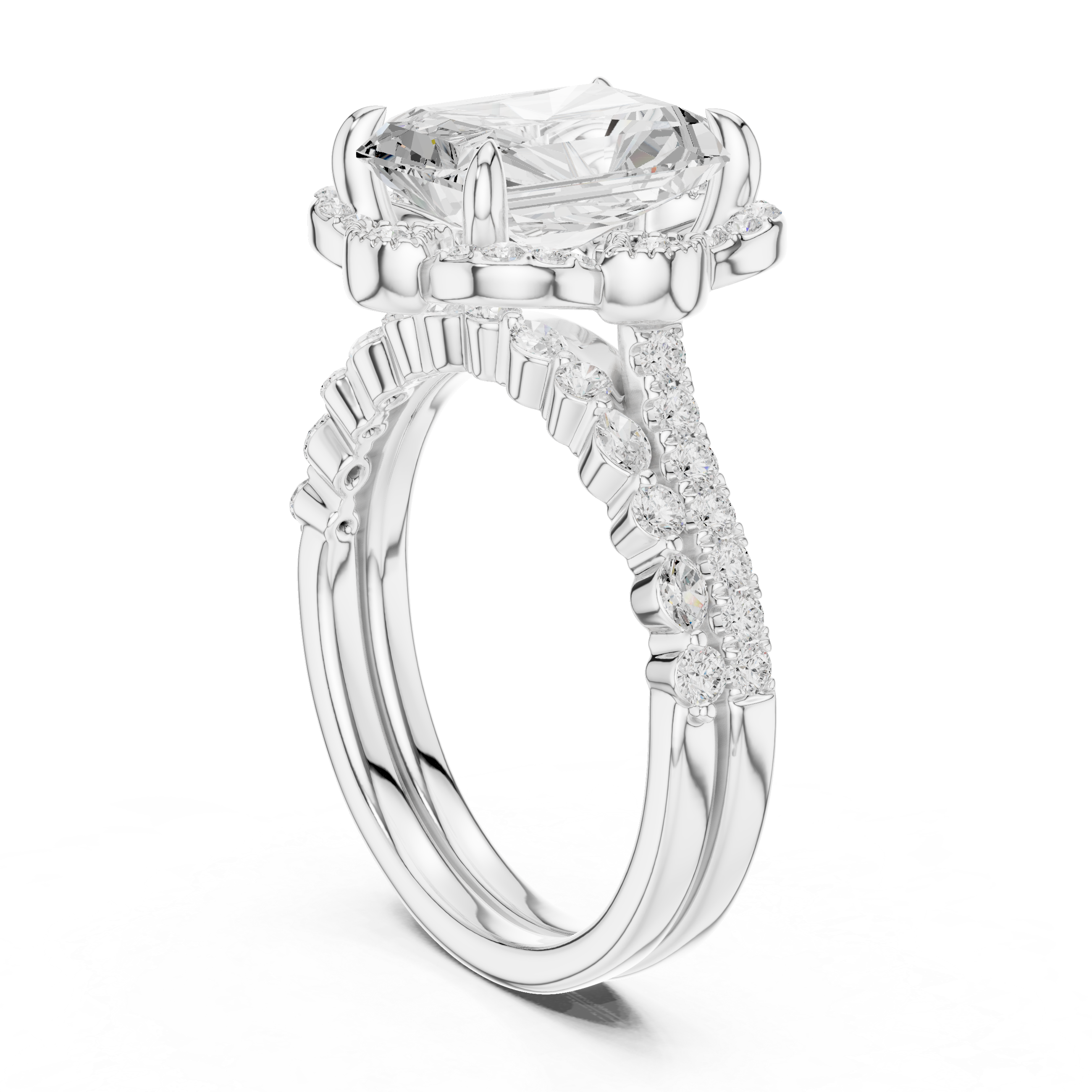 Radiant Cut Floral Halo Engagement Ring with Diamond Accent Split Shank