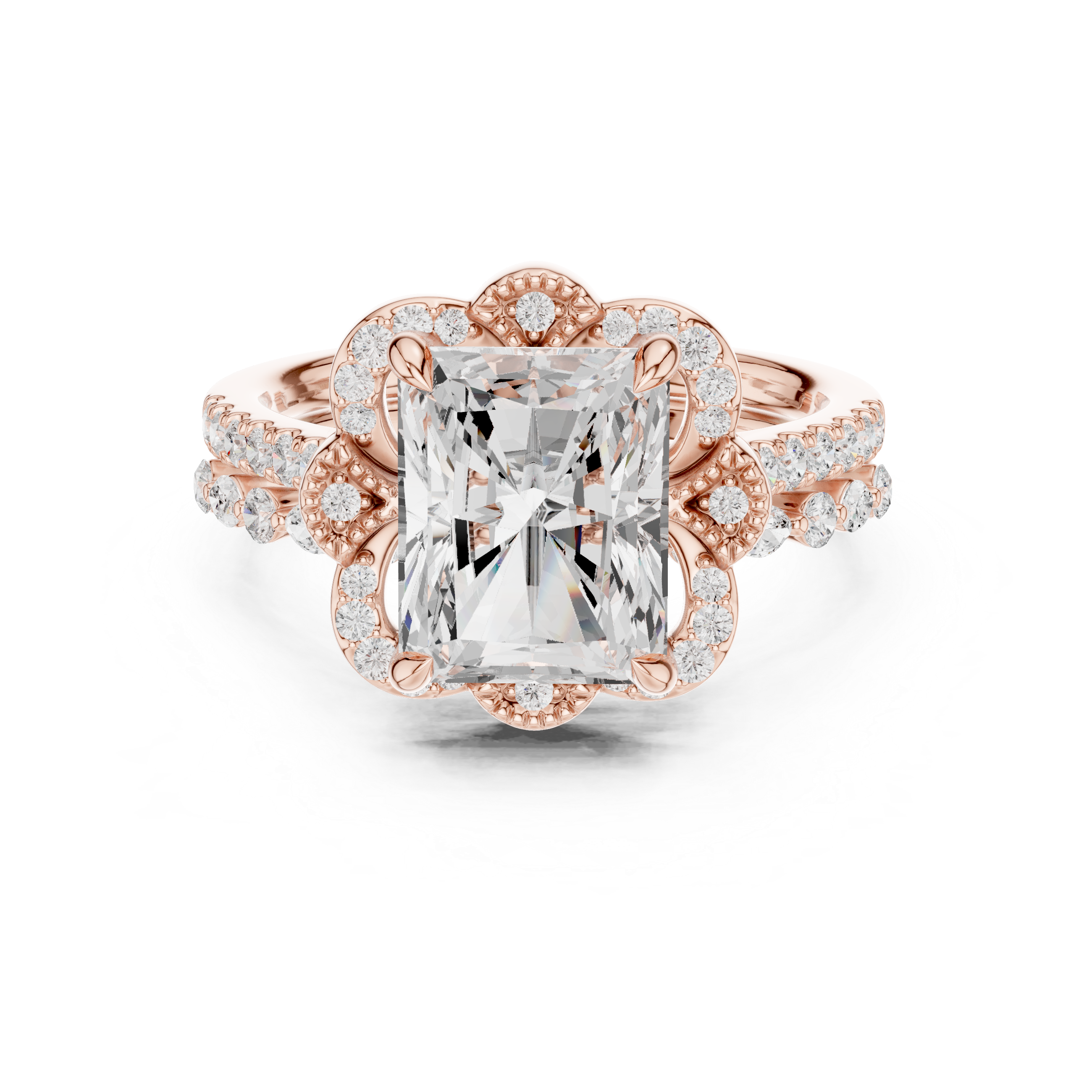 Radiant Cut Floral Halo Engagement Ring with Diamond Accent Split Shank