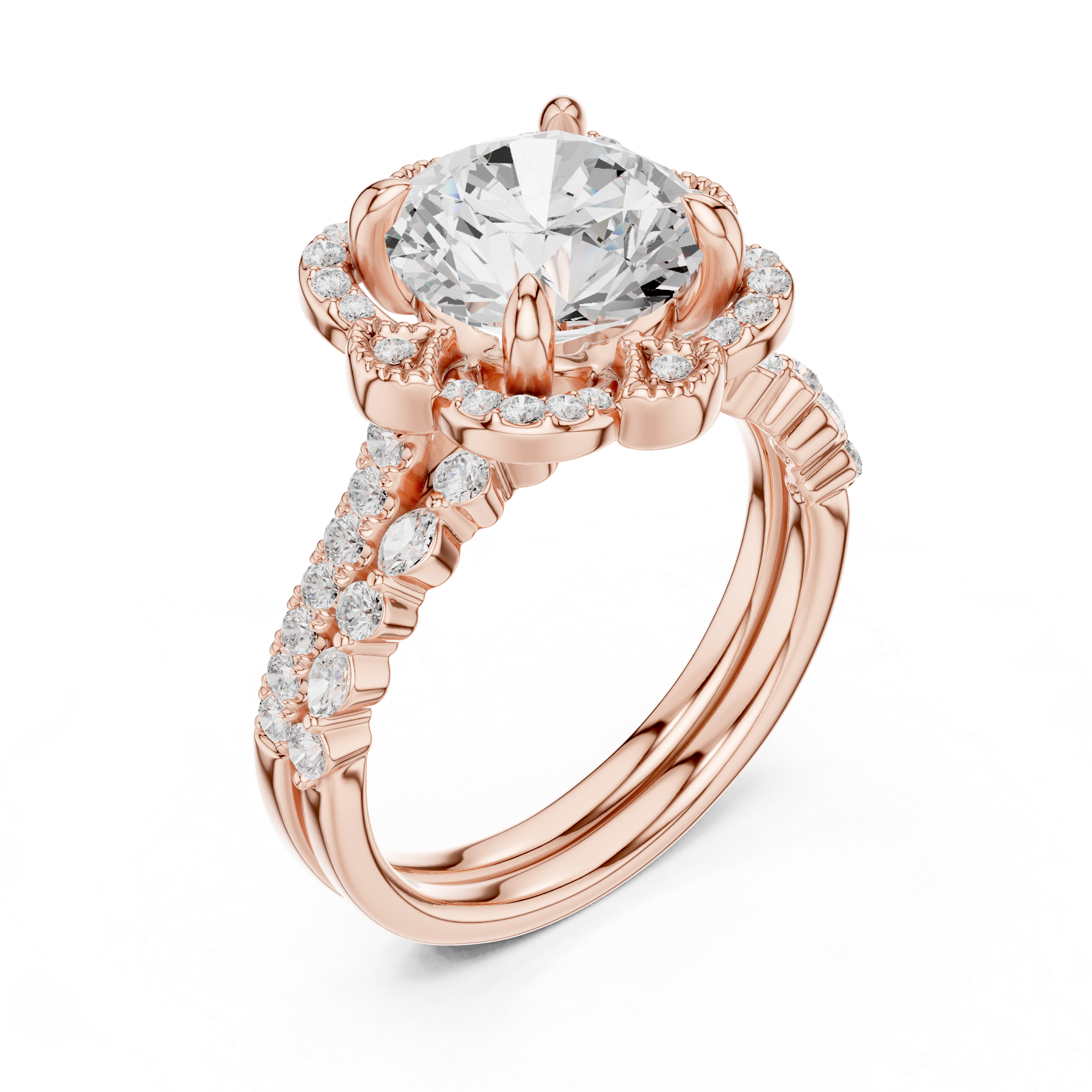 Round Brilliant Floral Halo Engagement Ring with Diamond Accent Split Shank