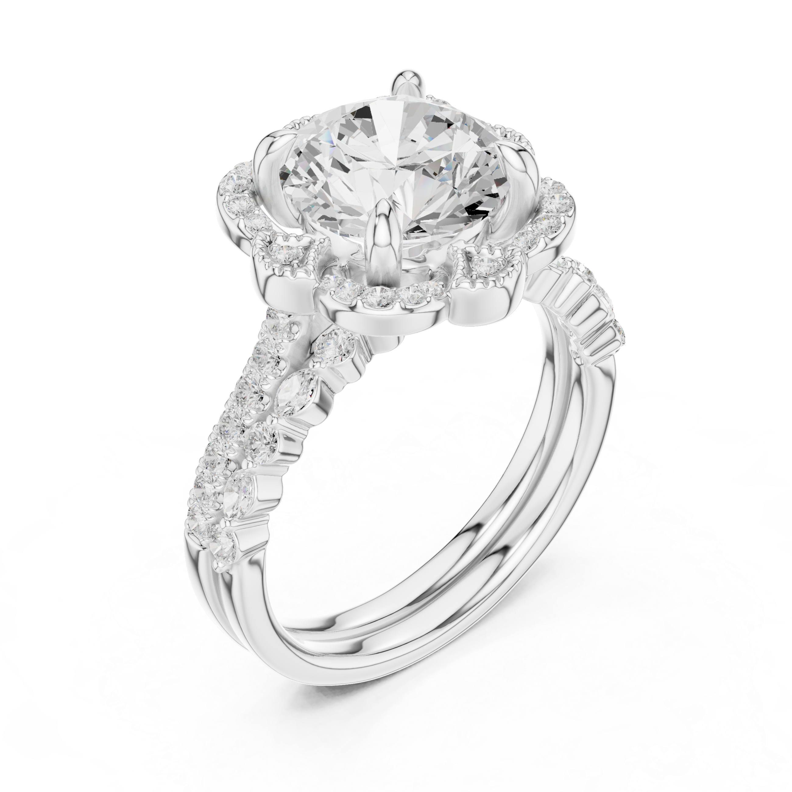 Round Brilliant Floral Halo Engagement Ring with Diamond Accent Split Shank