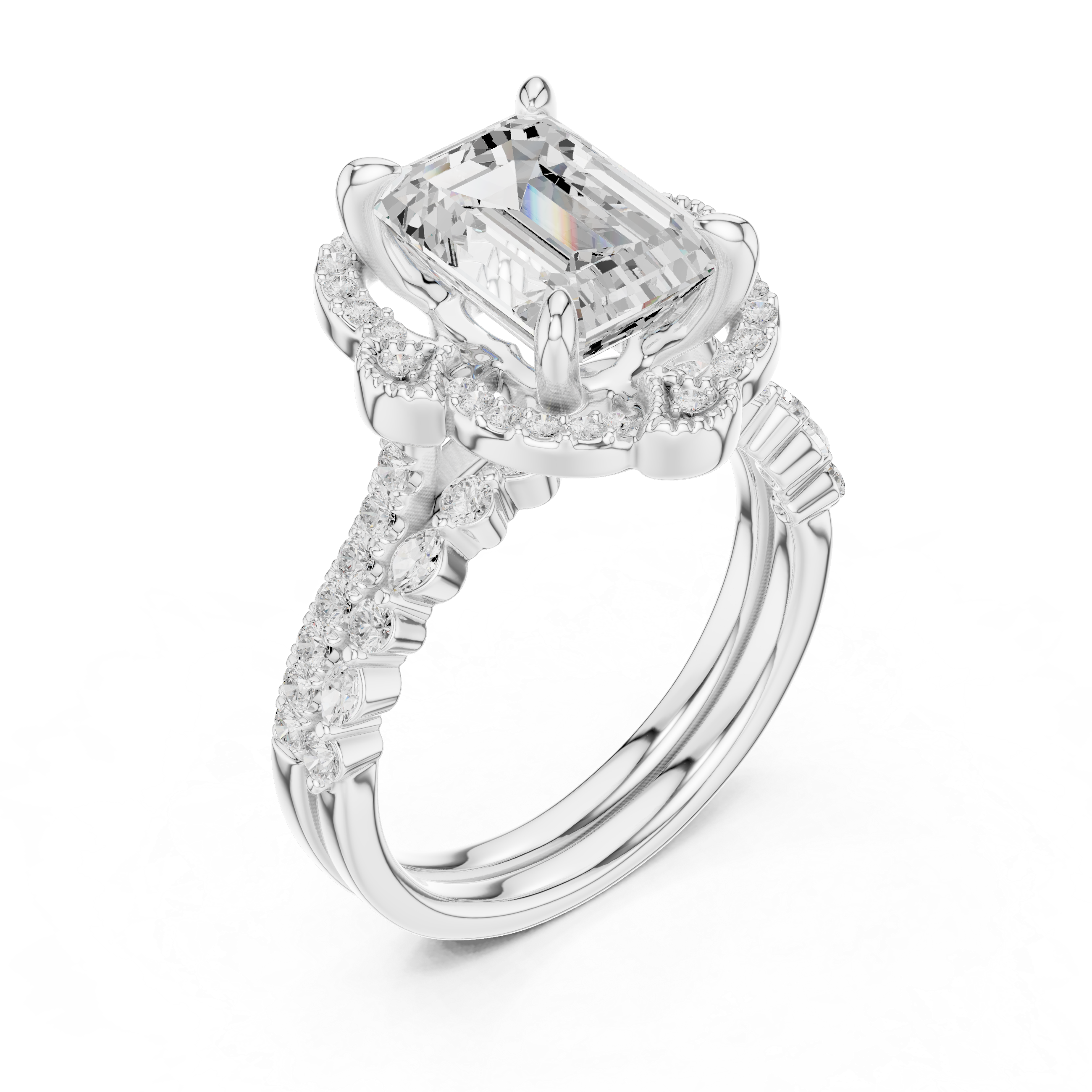 Vintage Emerald Cut Halo Bridal Ring Set