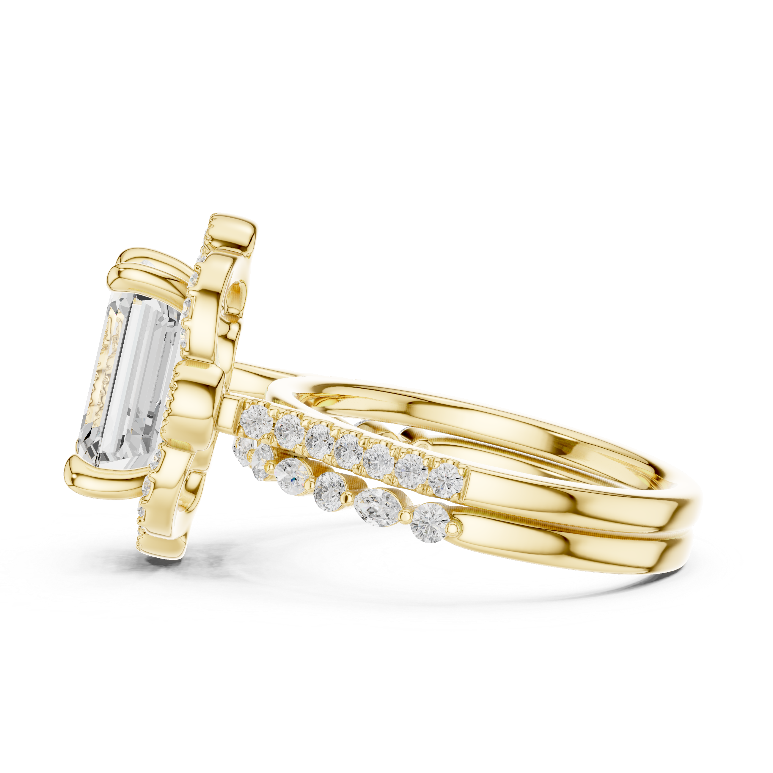 Vintage Emerald Cut Halo Bridal Ring Set
