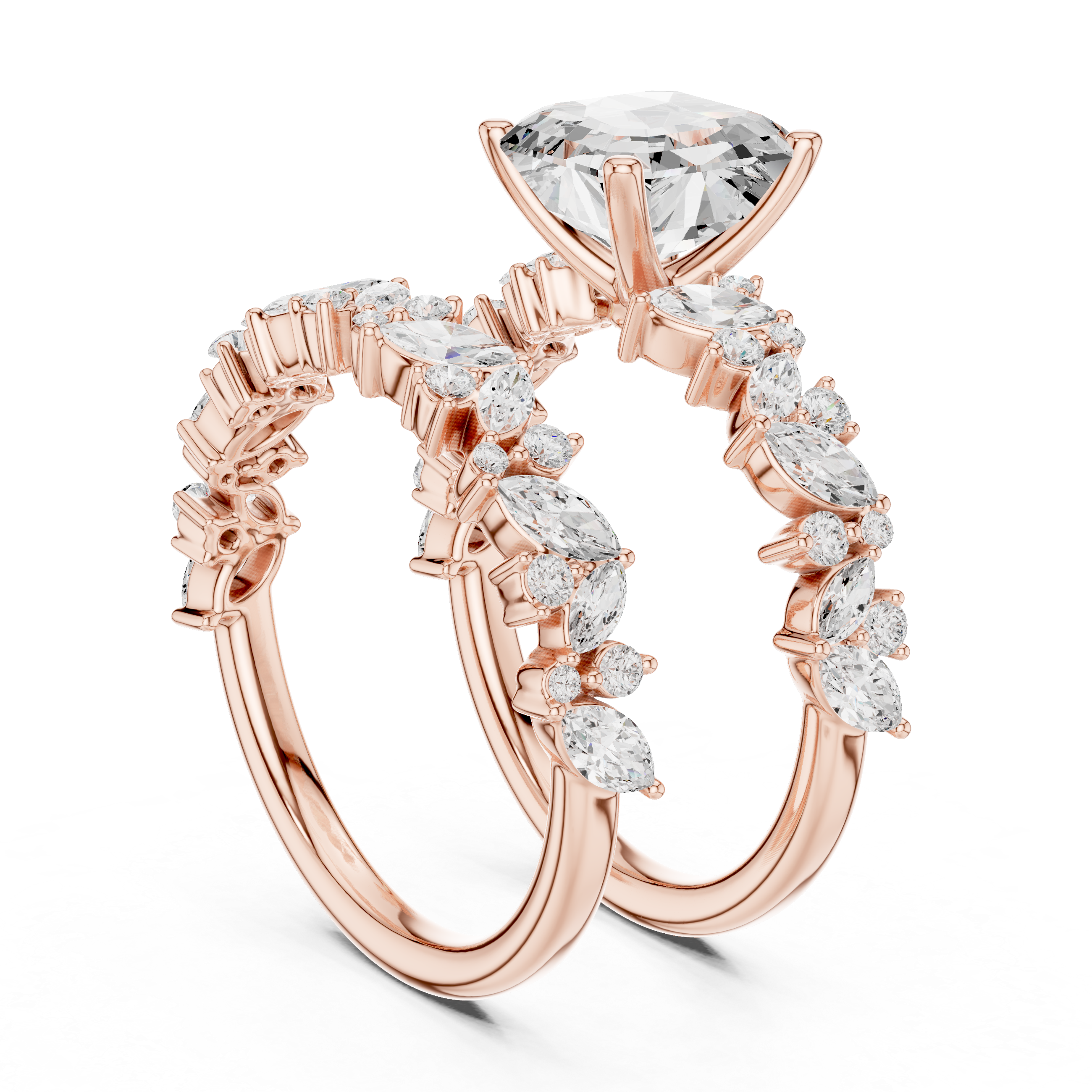 Luxury Asscher Cut Floral Diamond Bridal Ring Set with Double Marquise Bands