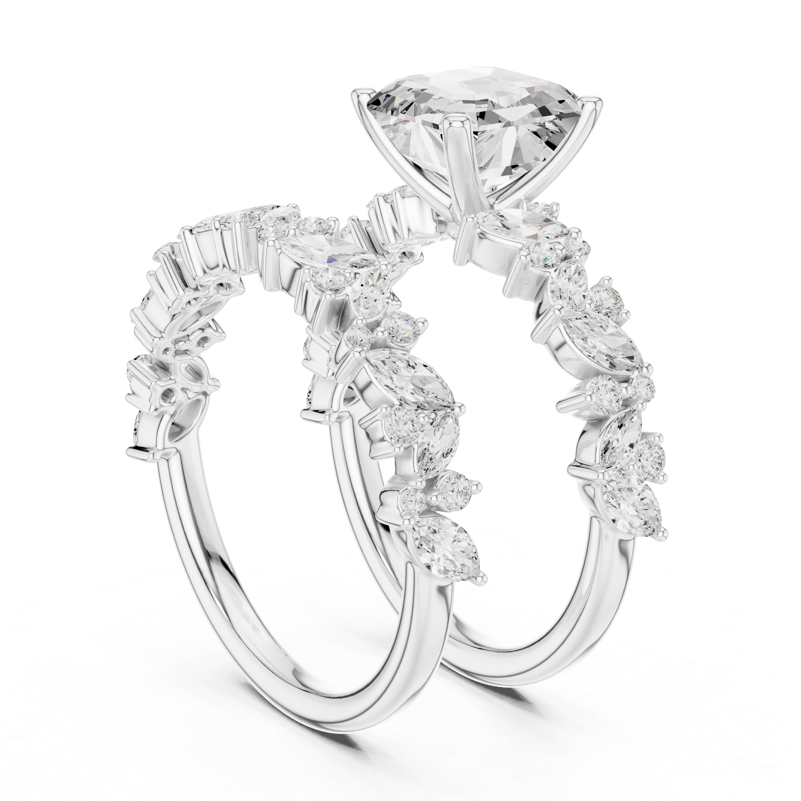 Luxury Asscher Cut Floral Diamond Bridal Ring Set with Double Marquise Bands