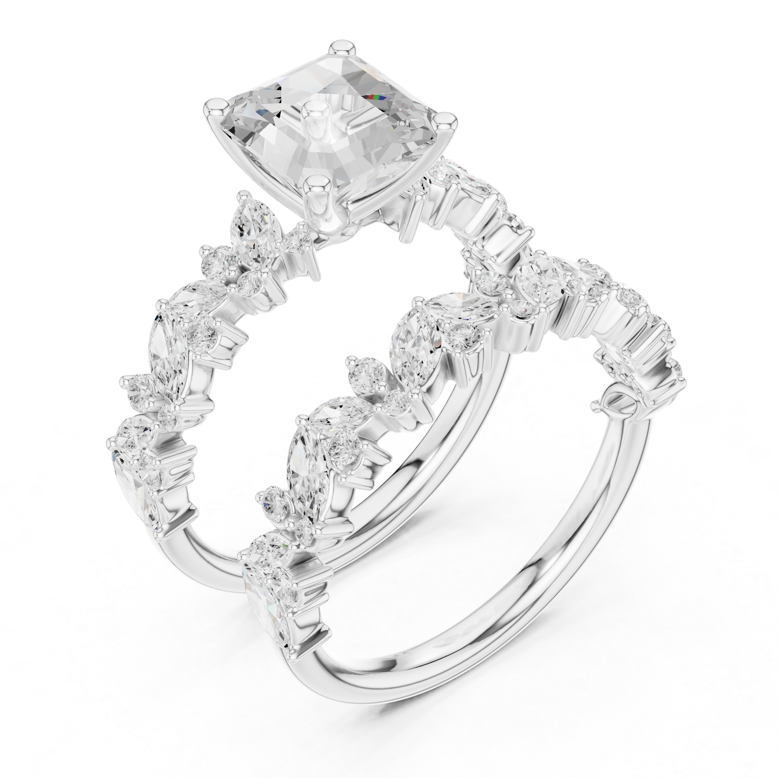 Luxury Asscher Cut Floral Diamond Bridal Ring Set with Double Marquise Bands