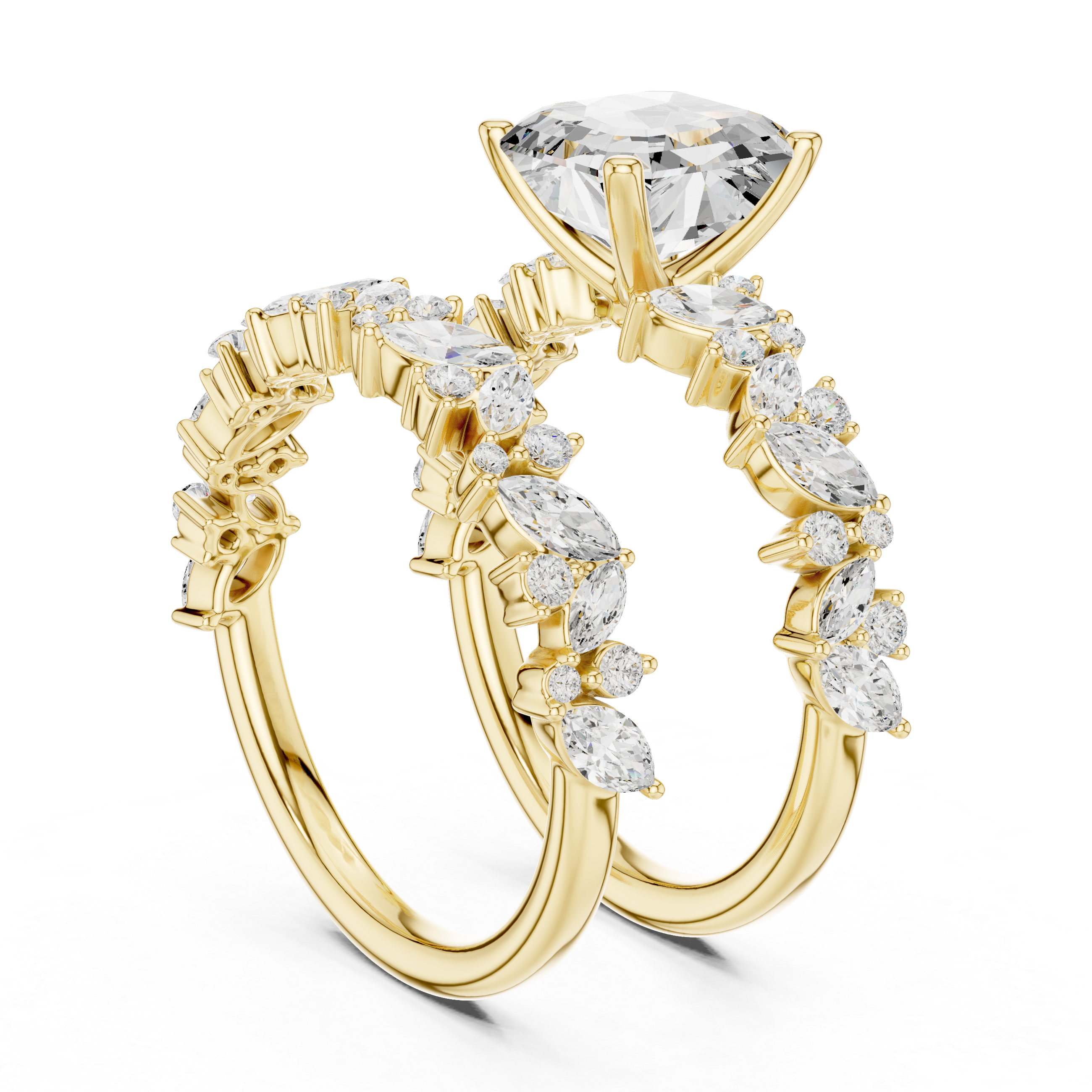 Luxury Asscher Cut Floral Diamond Bridal Ring Set with Double Marquise Bands