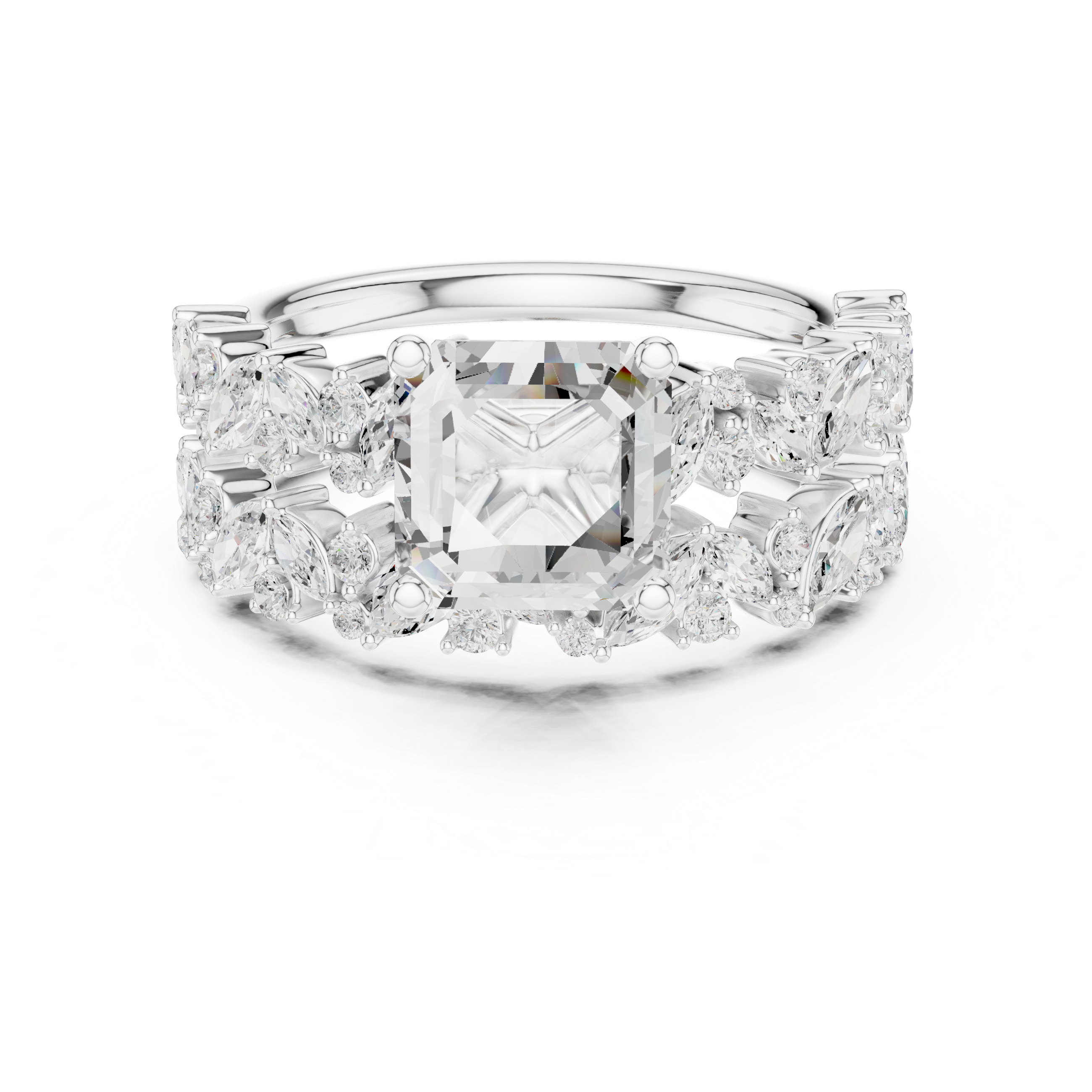Luxury Asscher Cut Floral Diamond Bridal Ring Set with Double Marquise Bands