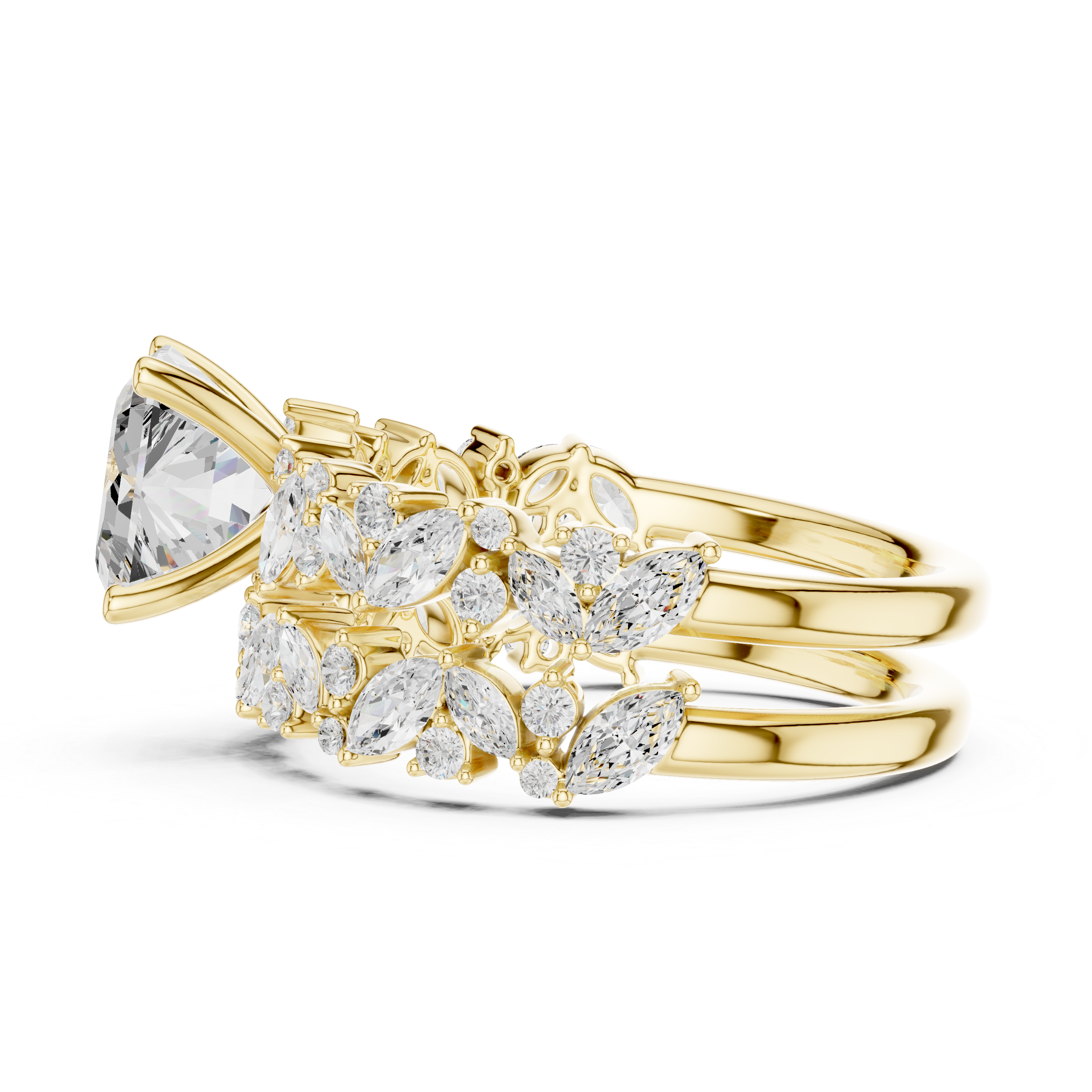 Luxury Asscher Cut Floral Diamond Bridal Ring Set with Double Marquise Bands