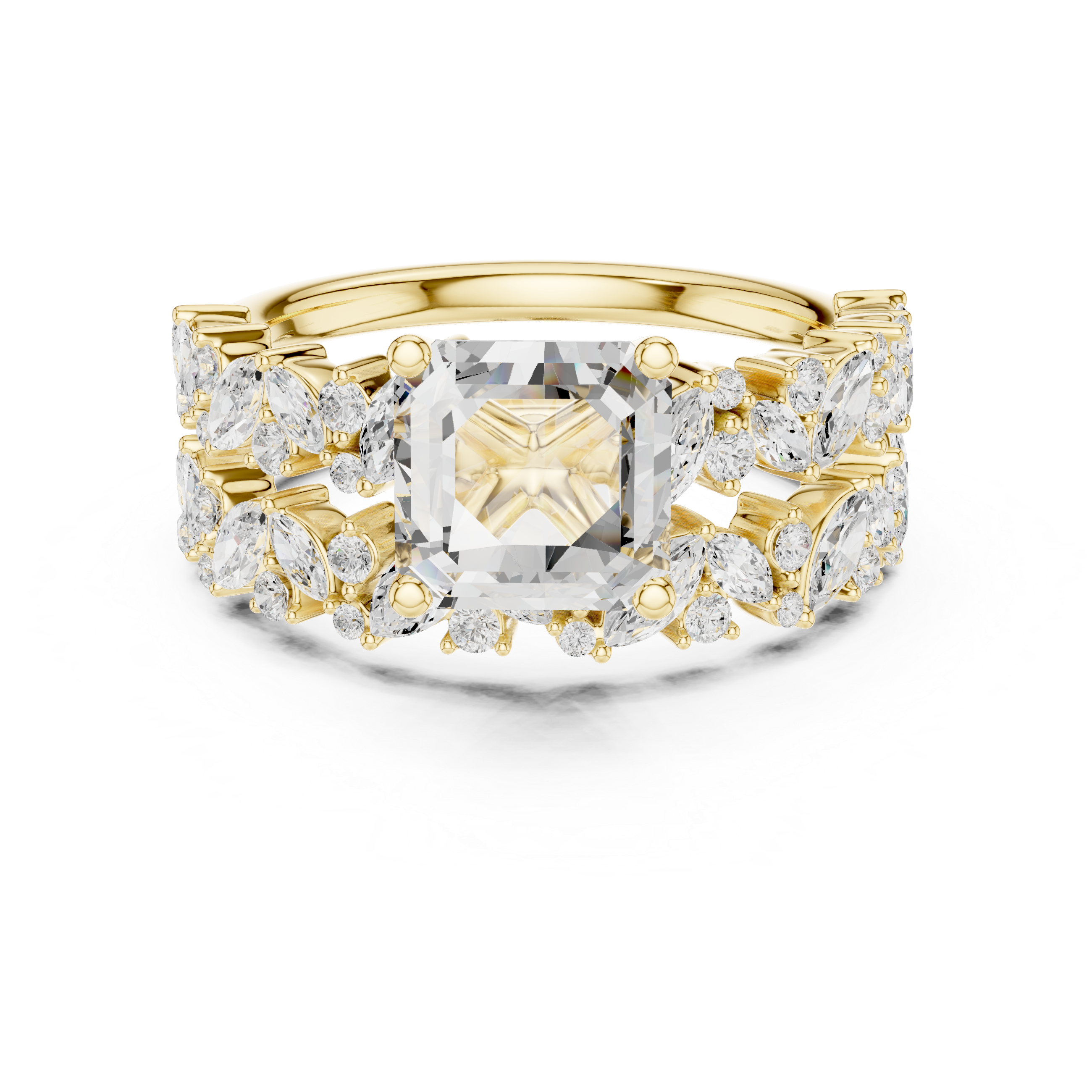 Luxury Asscher Cut Floral Diamond Bridal Ring Set with Double Marquise Bands