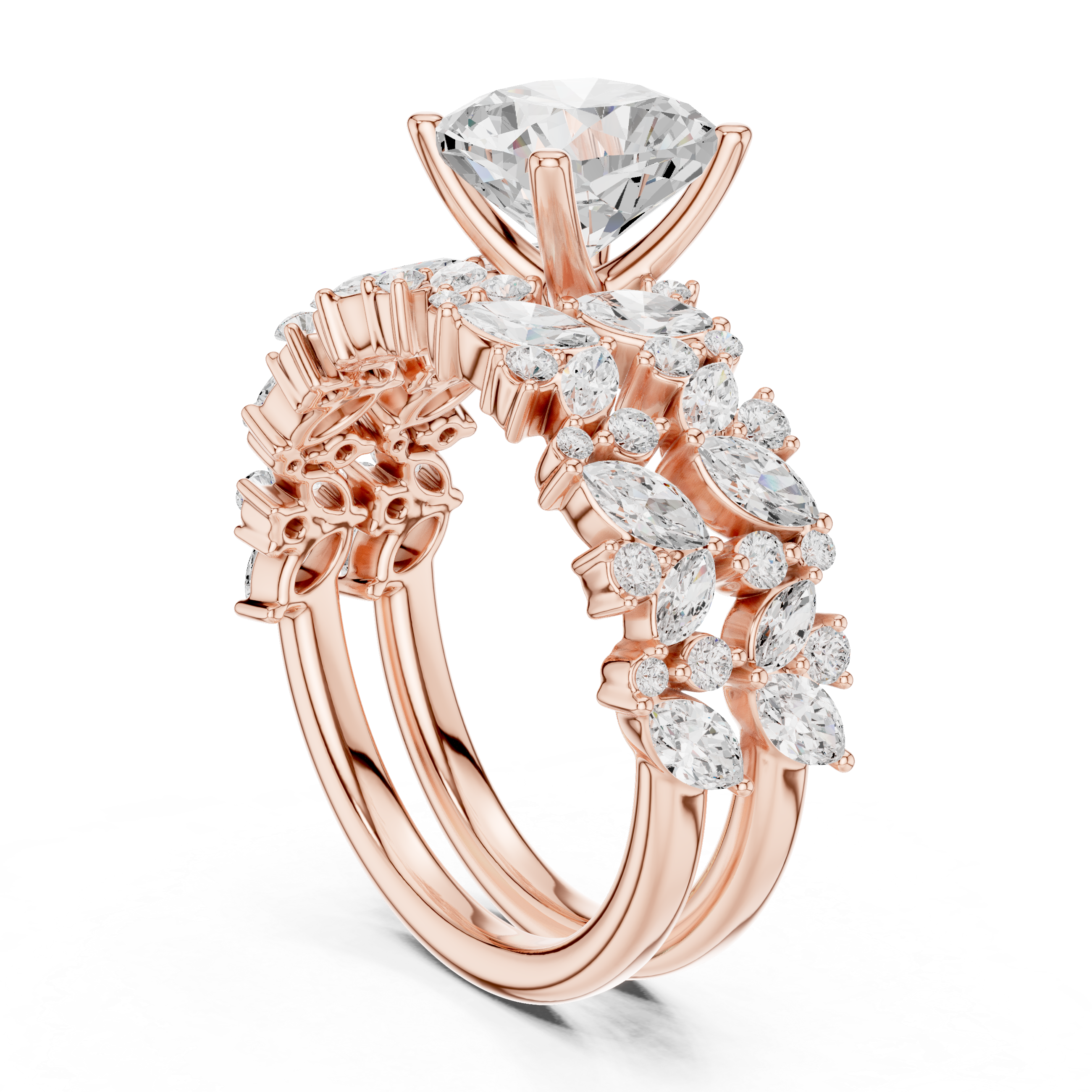 Luxury Cushion Cut Floral Diamond Bridal Ring Set with Double Marquise Diamond Bands