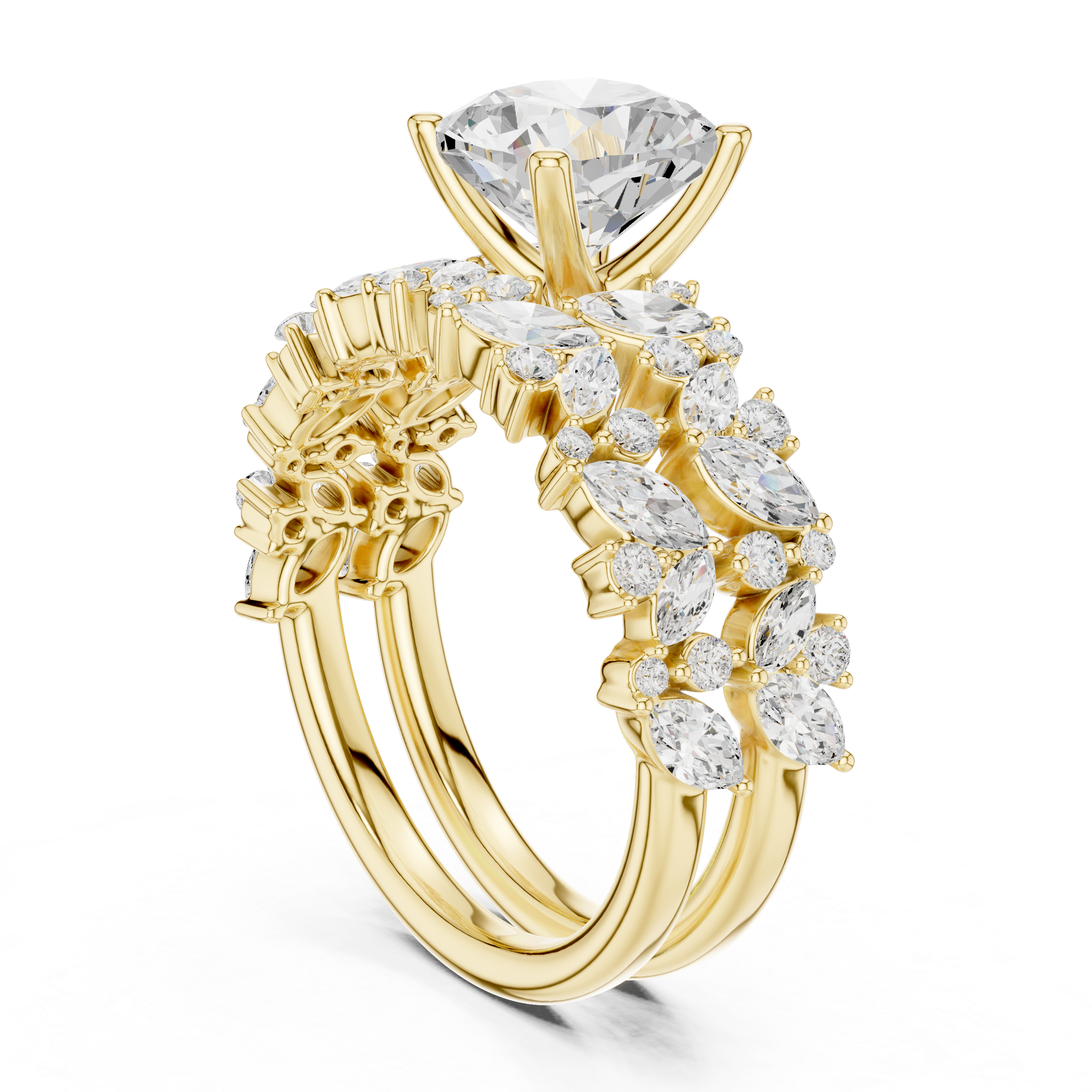 Luxury Cushion Cut Floral Diamond Bridal Ring Set with Double Marquise Diamond Bands