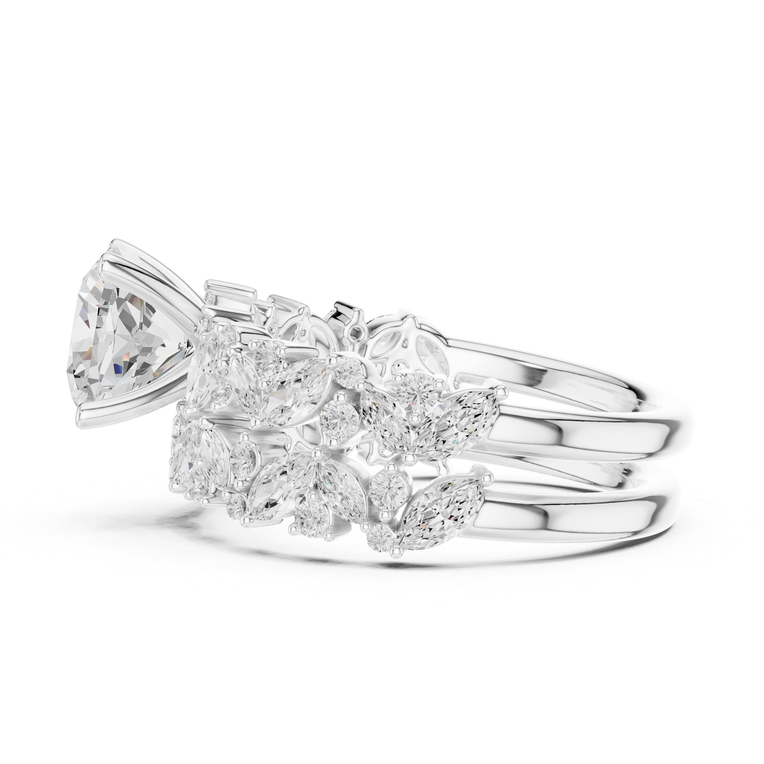 Luxury Cushion Cut Floral Diamond Bridal Ring Set with Double Marquise Diamond Bands