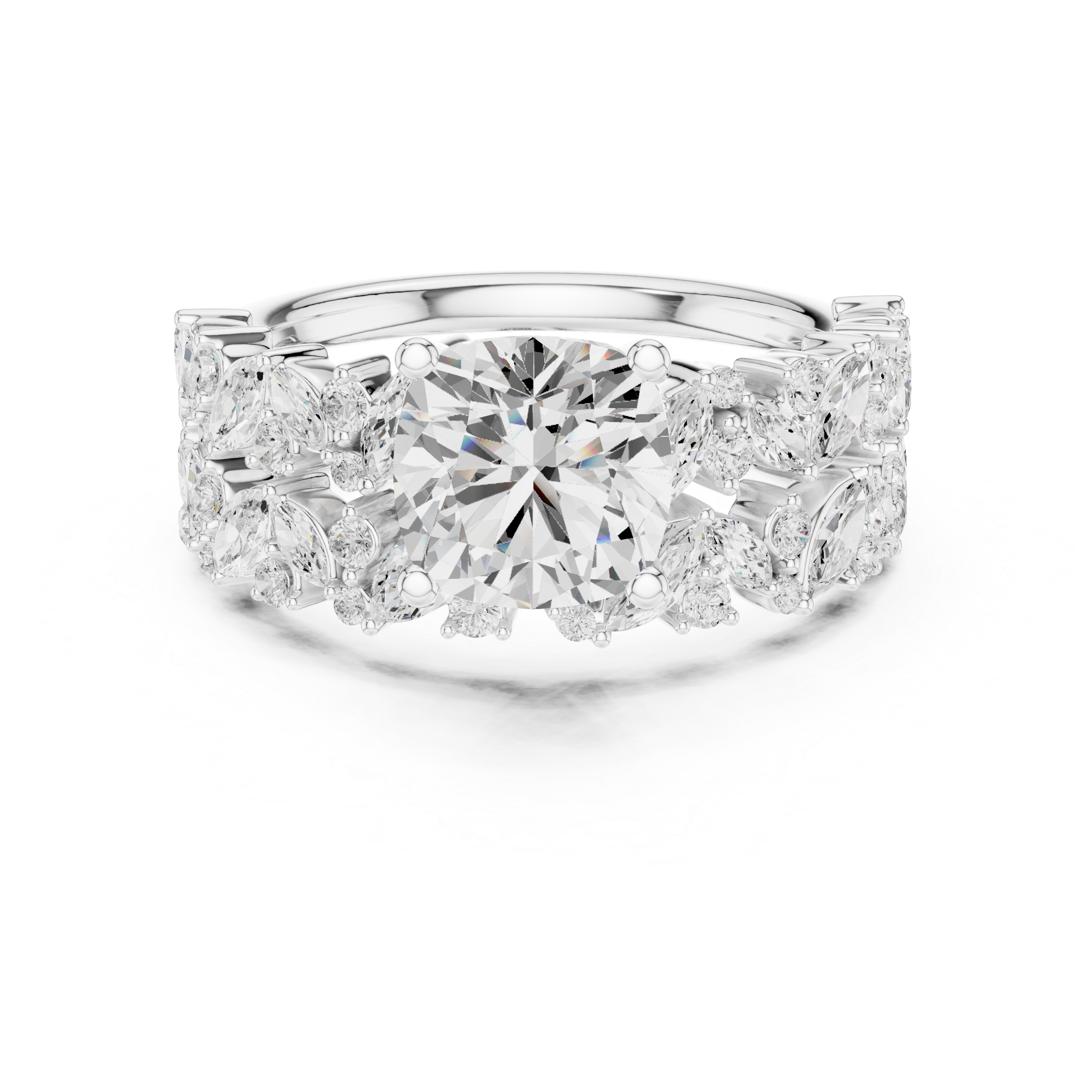 Luxury Cushion Cut Floral Diamond Bridal Ring Set with Double Marquise Diamond Bands