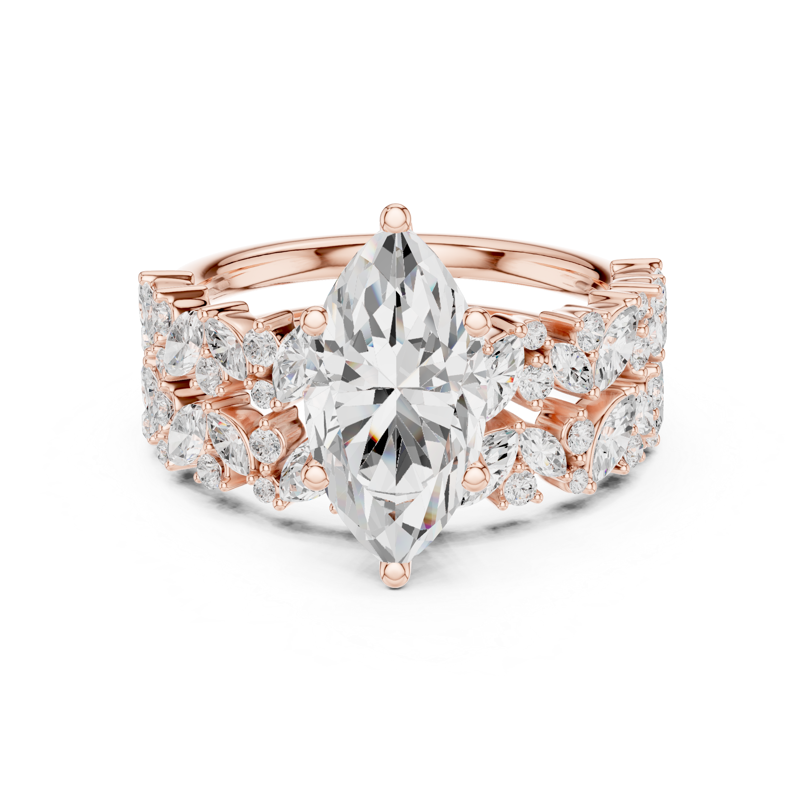 Luxury Marquise Cut Floral Diamond Bridal Ring Set with Double Marquise Diamond Bands