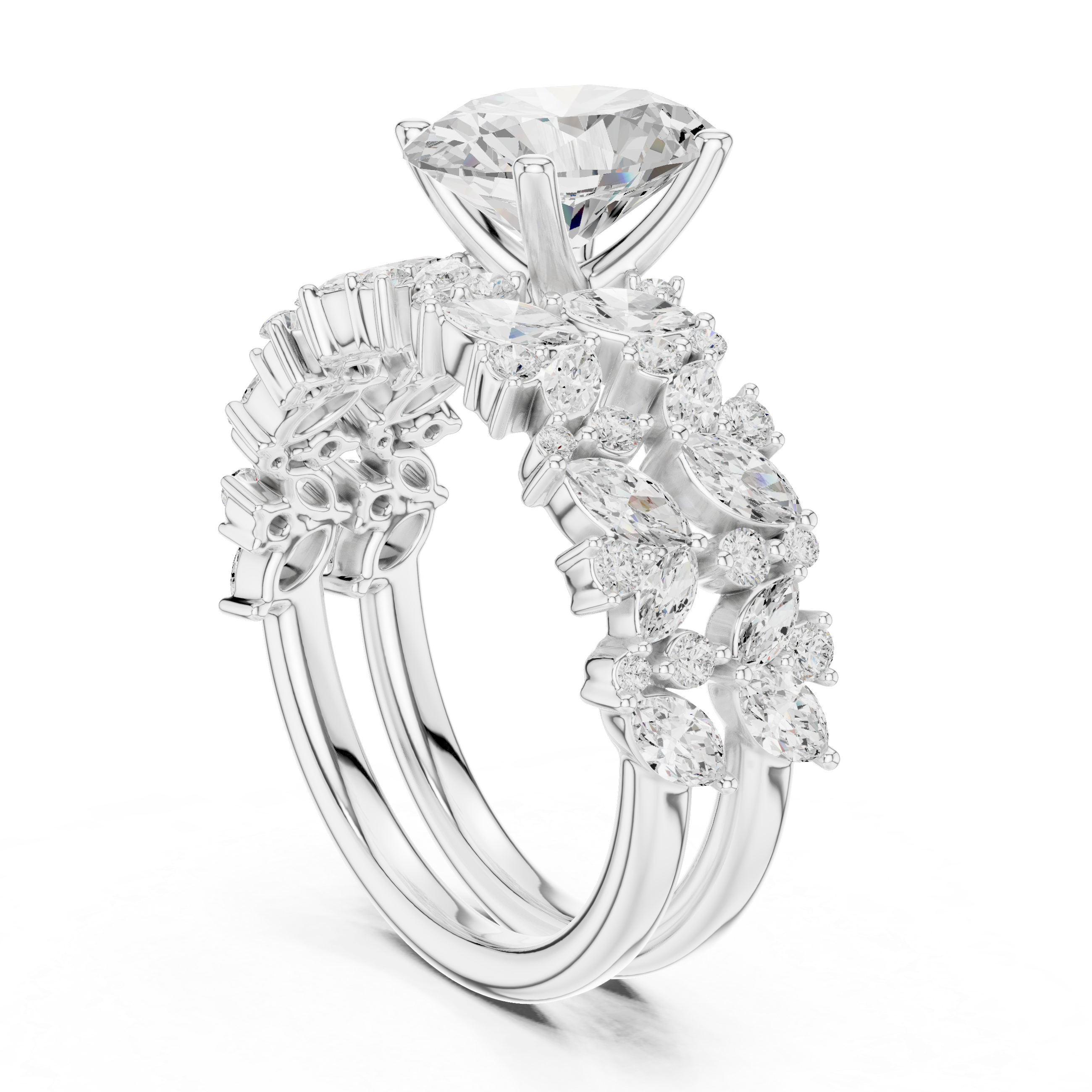 Luxury Oval Cut Floral Diamond Bridal Ring Set with Double Marquise Diamond Bands