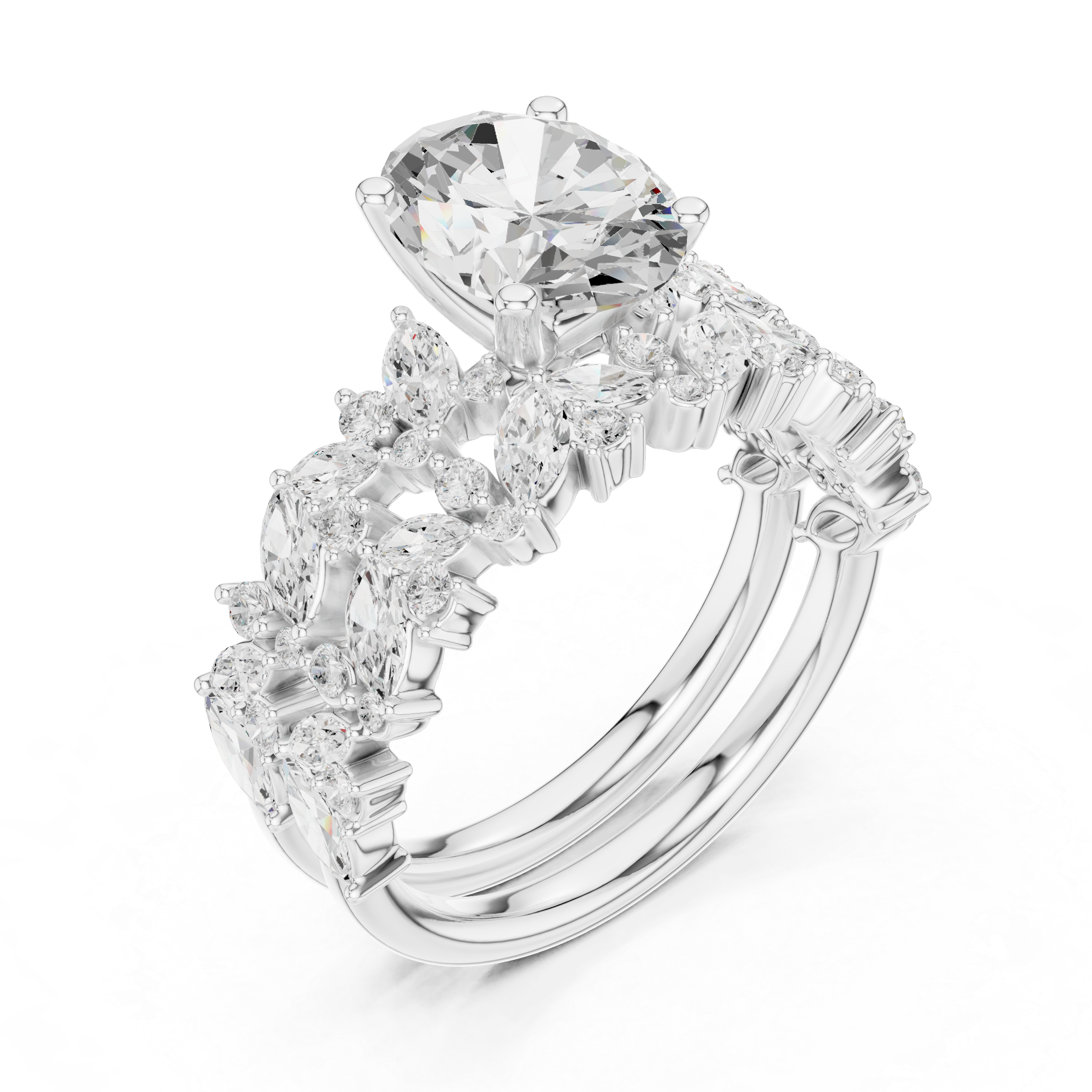 Luxury Oval Cut Floral Diamond Bridal Ring Set with Double Marquise Diamond Bands