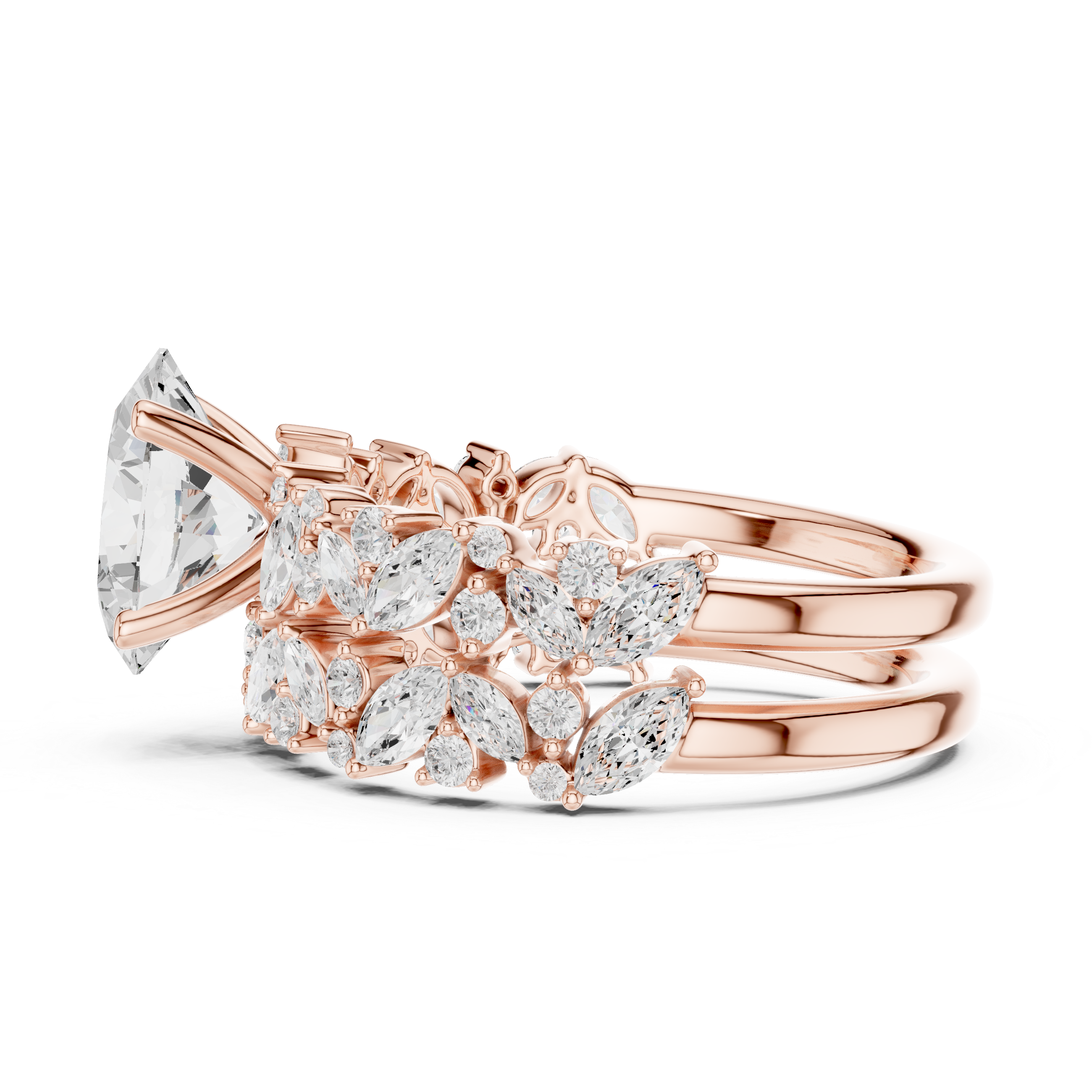 Luxury Oval Cut Floral Diamond Bridal Ring Set with Double Marquise Diamond Bands