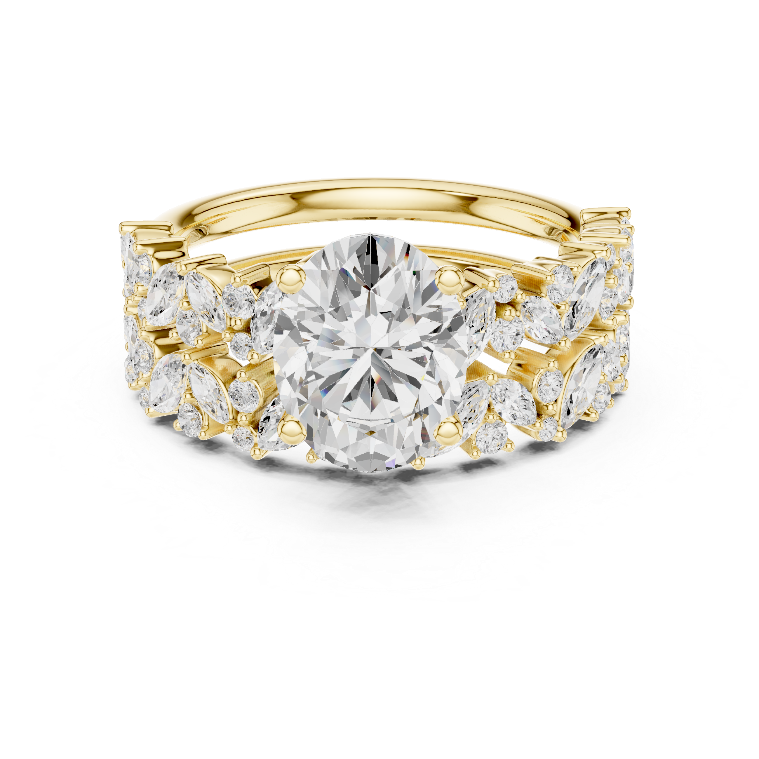 Luxury Oval Cut Floral Diamond Bridal Ring Set with Double Marquise Diamond Bands