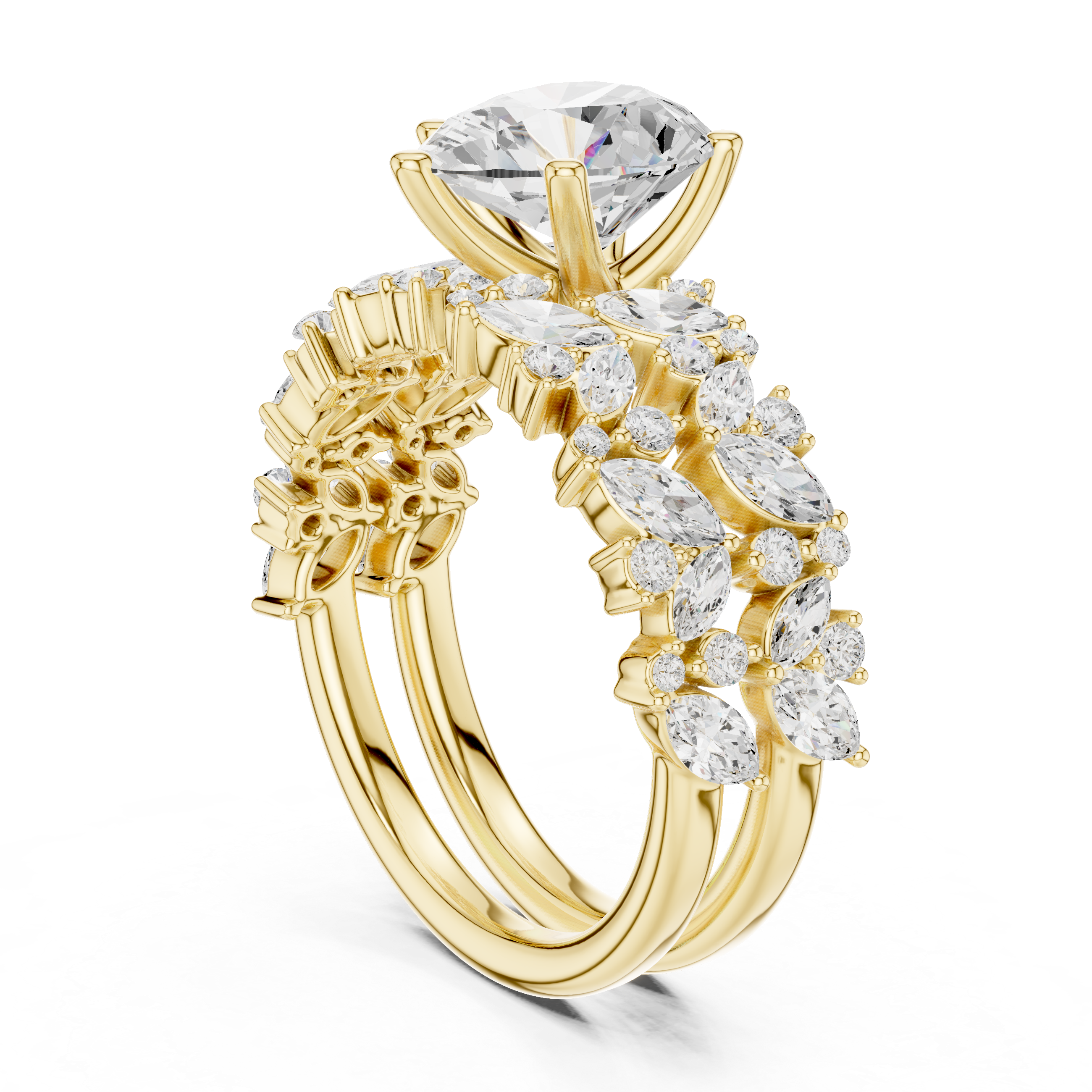 Luxury Pear Cut Floral Diamond Bridal Ring Set with Double Marquise Diamond Bands