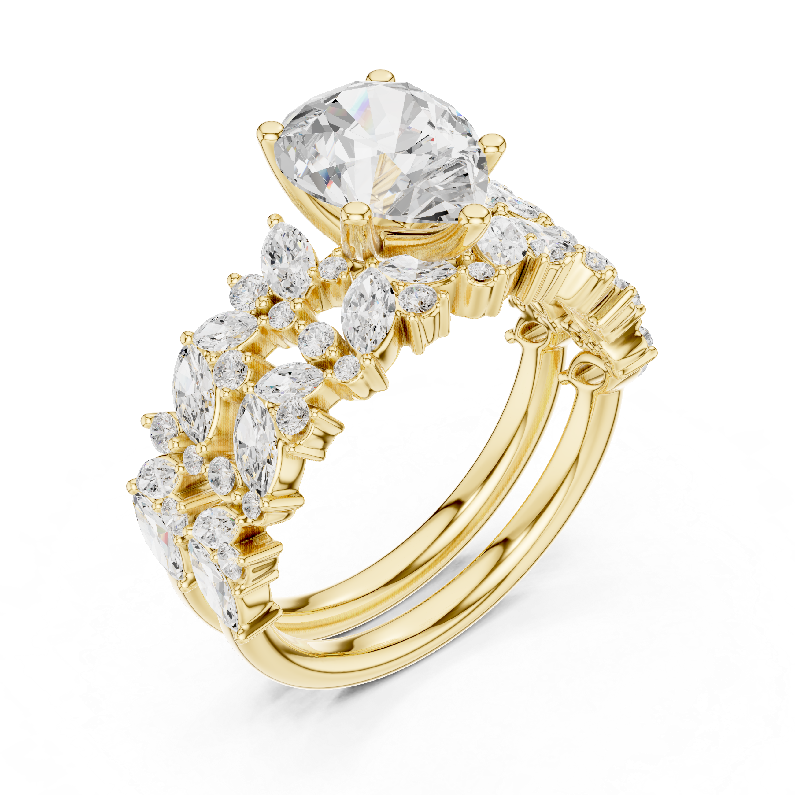 Luxury Pear Cut Floral Diamond Bridal Ring Set with Double Marquise Diamond Bands