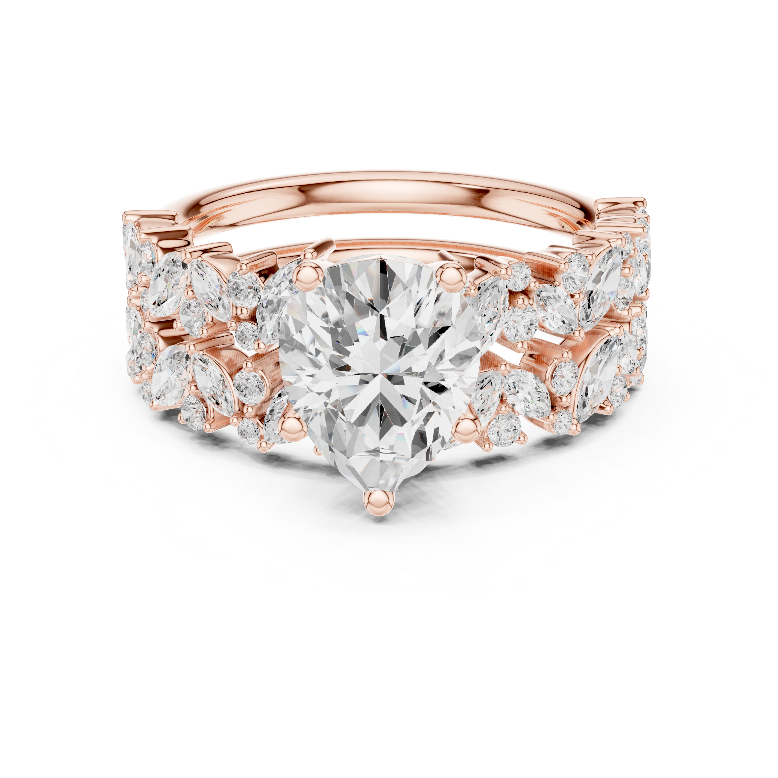 Luxury Pear Cut Floral Diamond Bridal Ring Set with Double Marquise Diamond Bands
