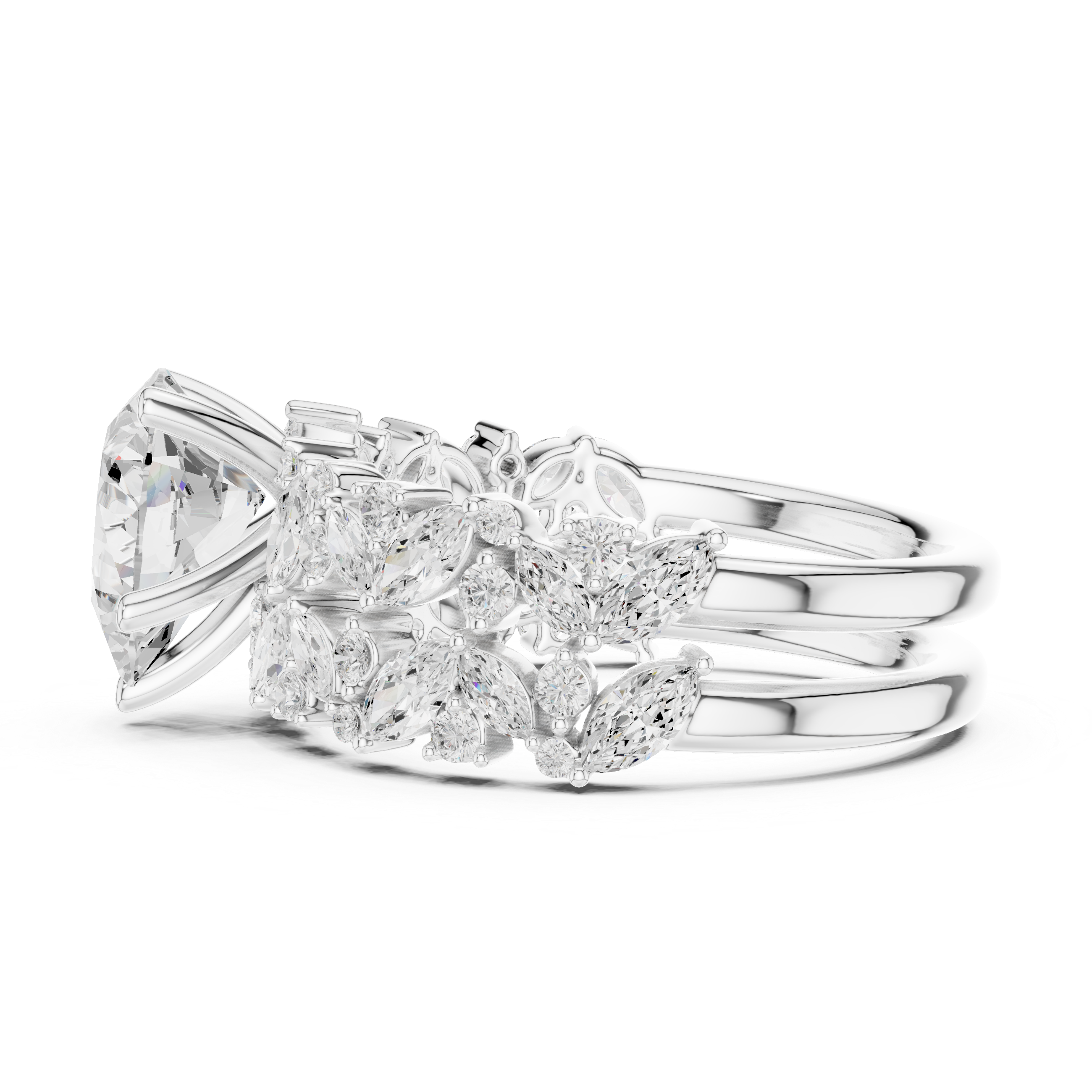 Luxury Pear Cut Floral Diamond Bridal Ring Set with Double Marquise Diamond Bands