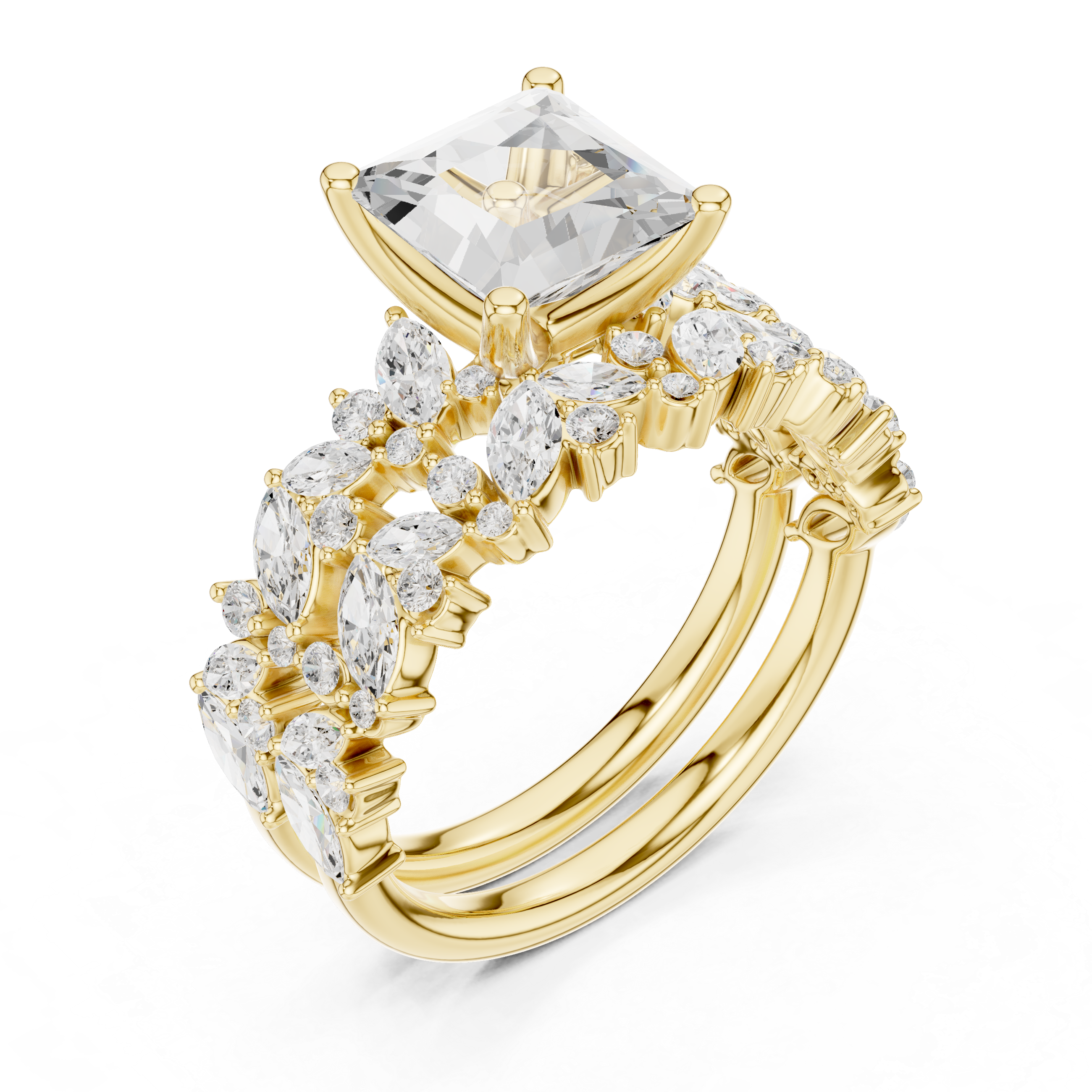Luxury Princess Cut Floral Diamond Bridal Ring Set with Double Marquise Diamond Bands