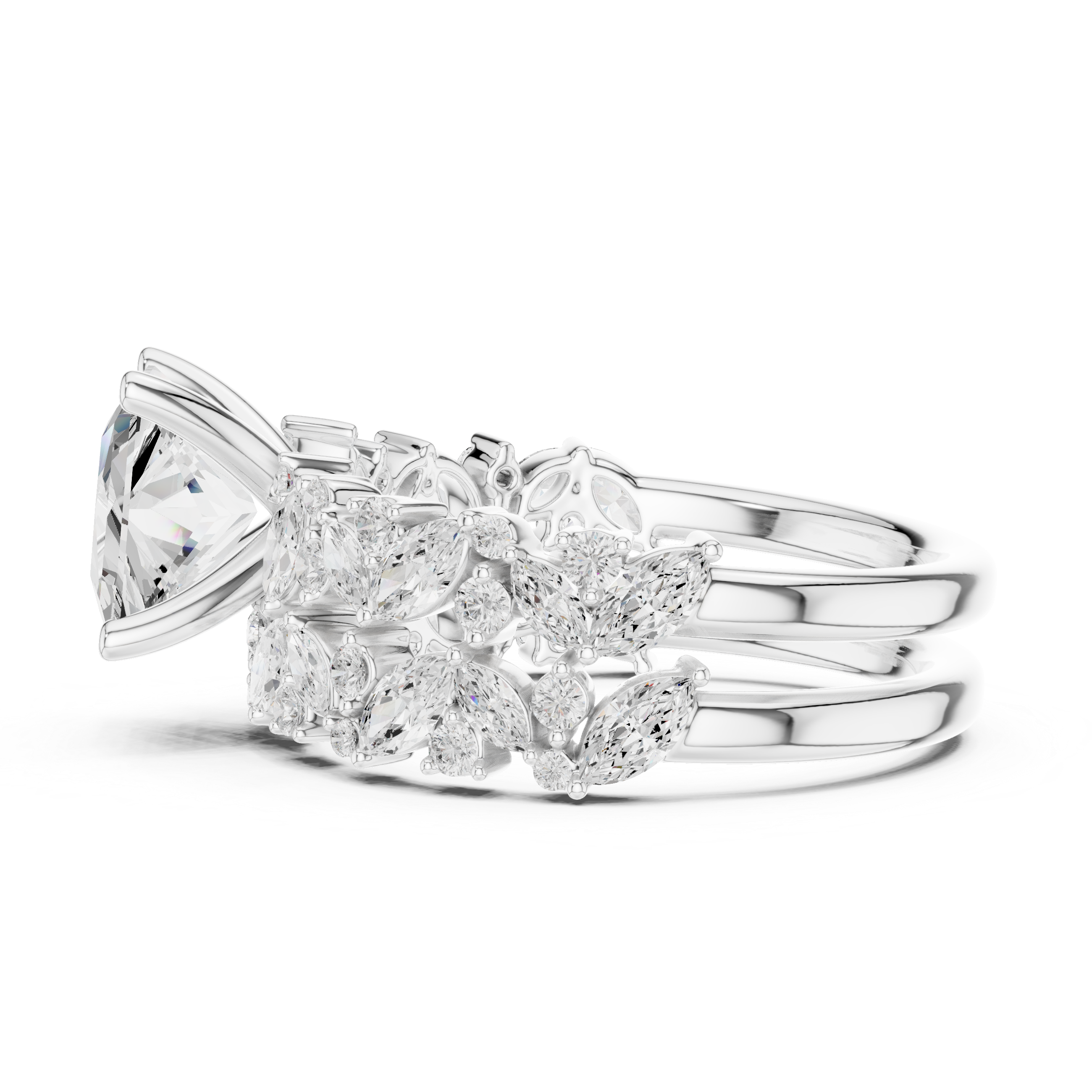 Luxury Princess Cut Floral Diamond Bridal Ring Set with Double Marquise Diamond Bands