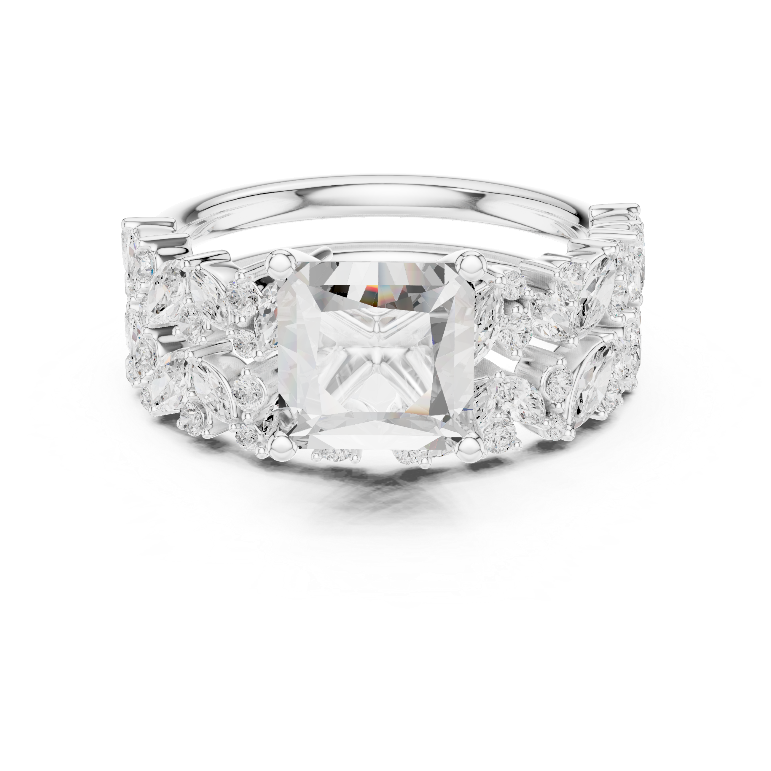 Luxury Princess Cut Floral Diamond Bridal Ring Set with Double Marquise Diamond Bands
