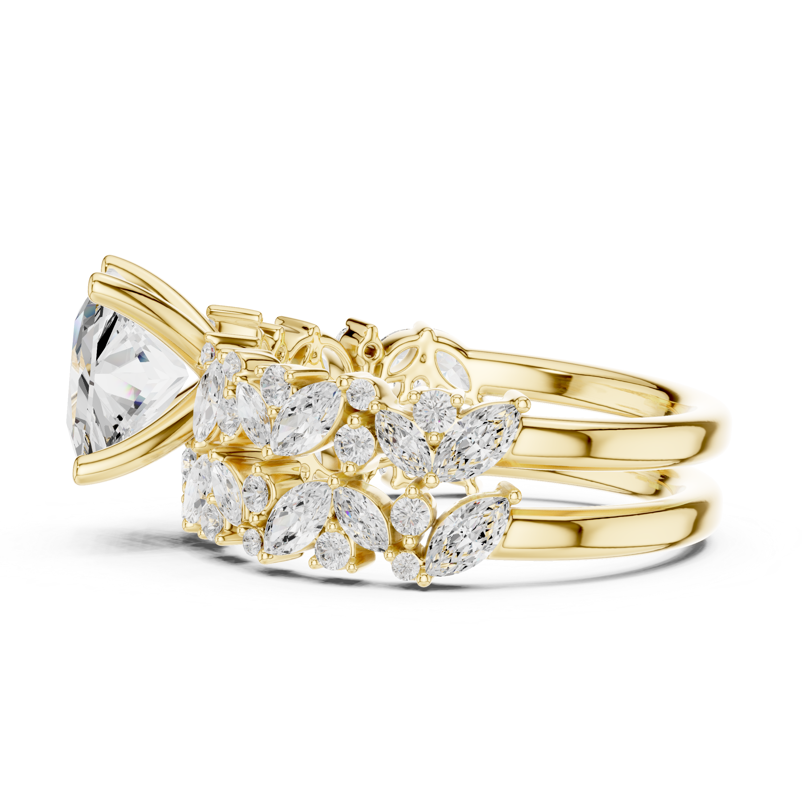 Luxury Princess Cut Floral Diamond Bridal Ring Set with Double Marquise Diamond Bands