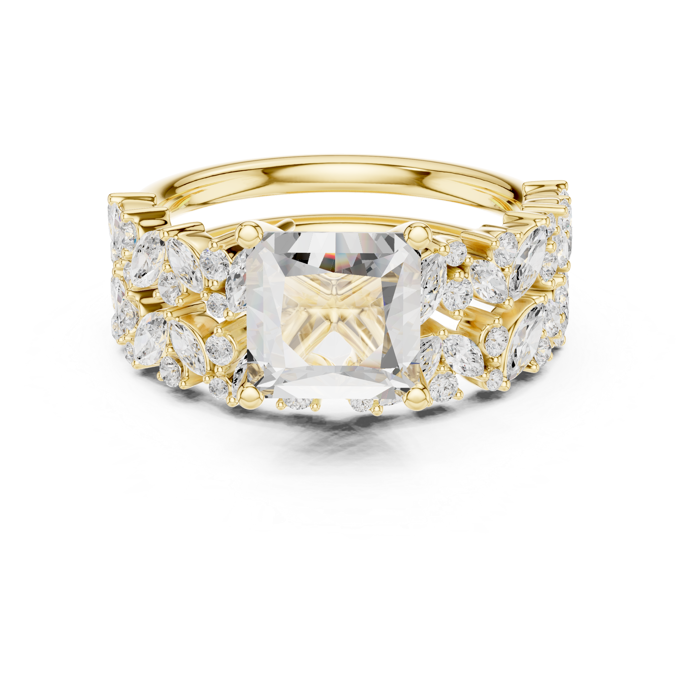 Luxury Princess Cut Floral Diamond Bridal Ring Set with Double Marquise Diamond Bands