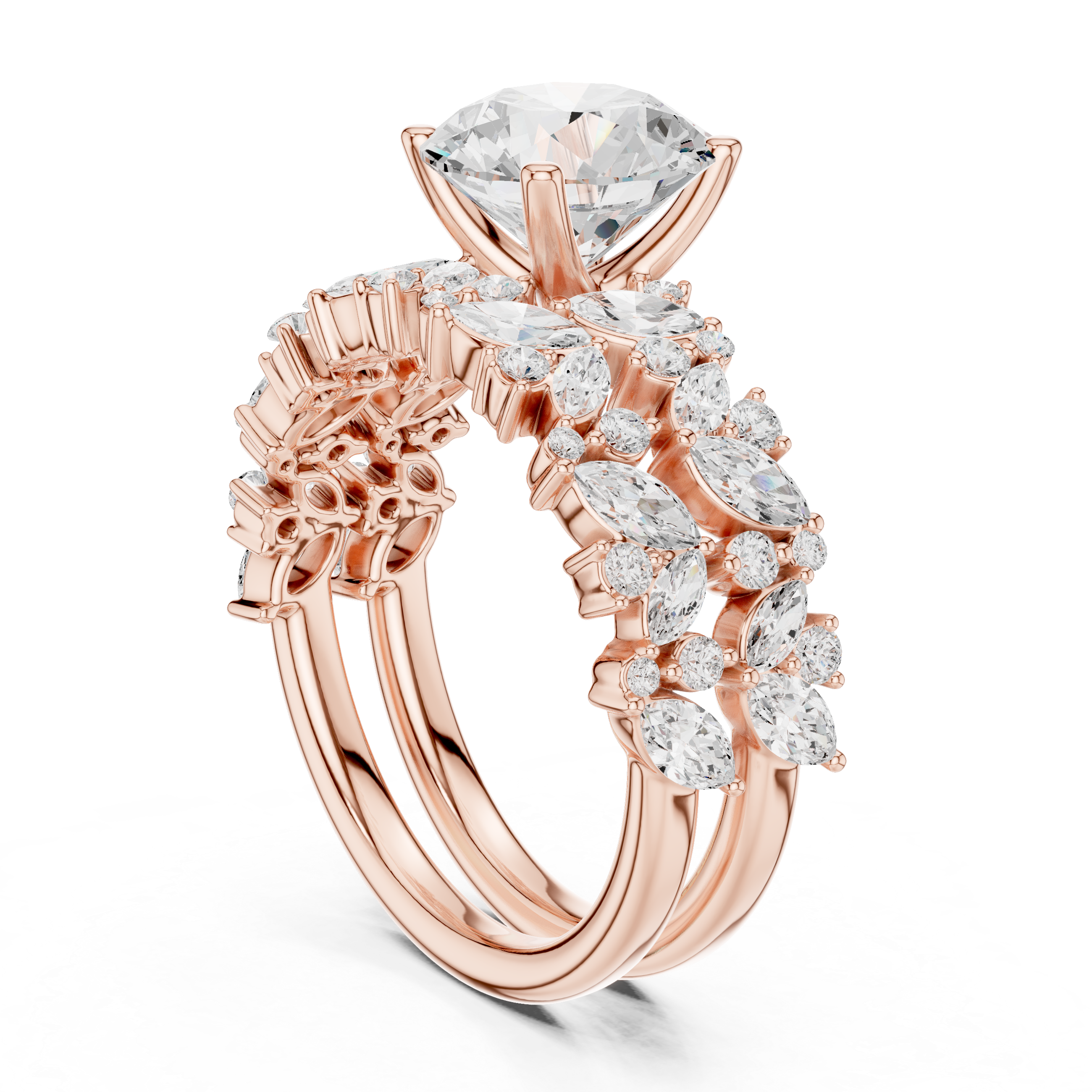 Luxury Round Cut Floral Diamond Bridal Ring Set with Marquise Cluster Bands