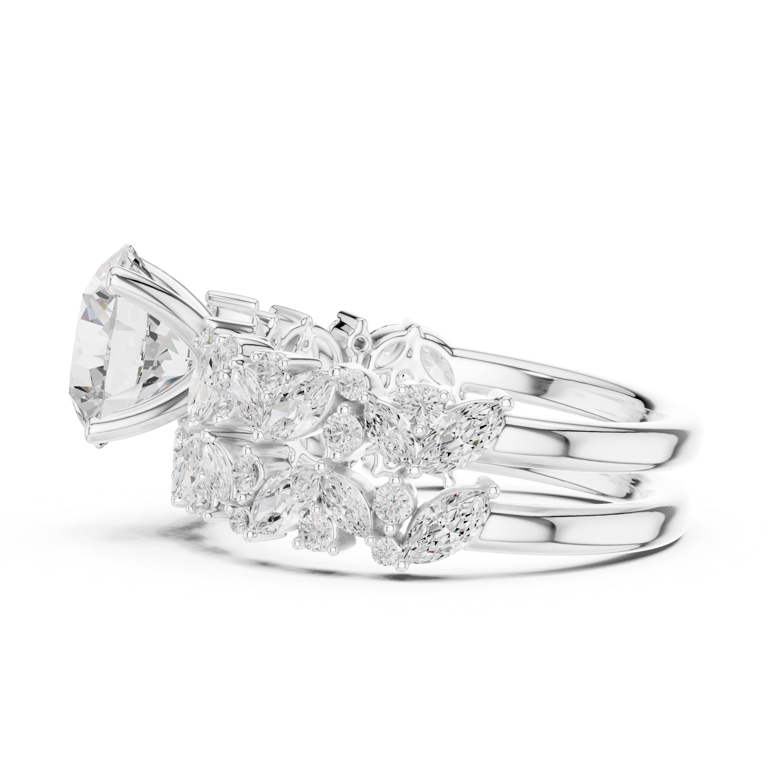 Luxury Round Cut Floral Diamond Bridal Ring Set with Marquise Cluster Bands