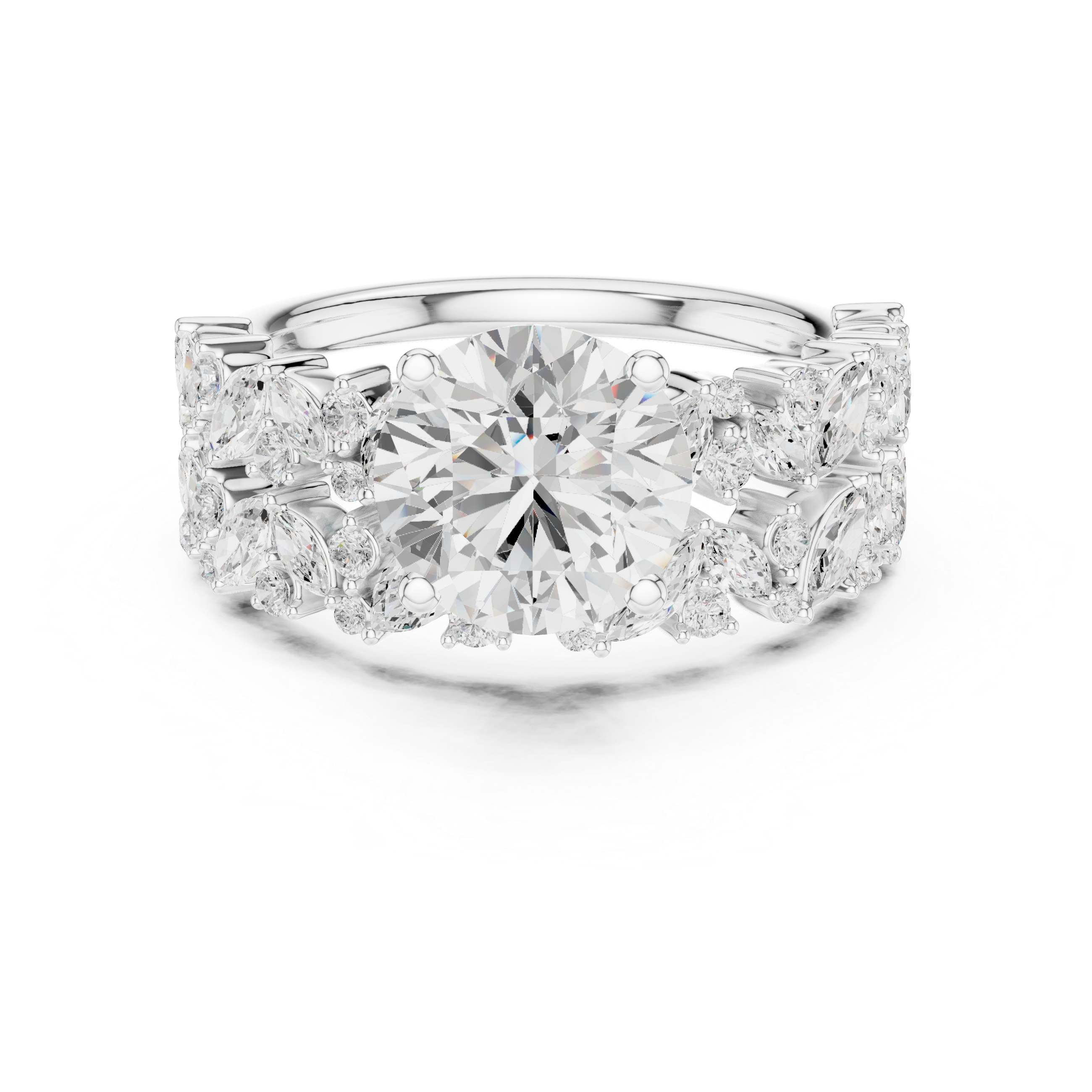 Luxury Round Cut Floral Diamond Bridal Ring Set with Marquise Cluster Bands