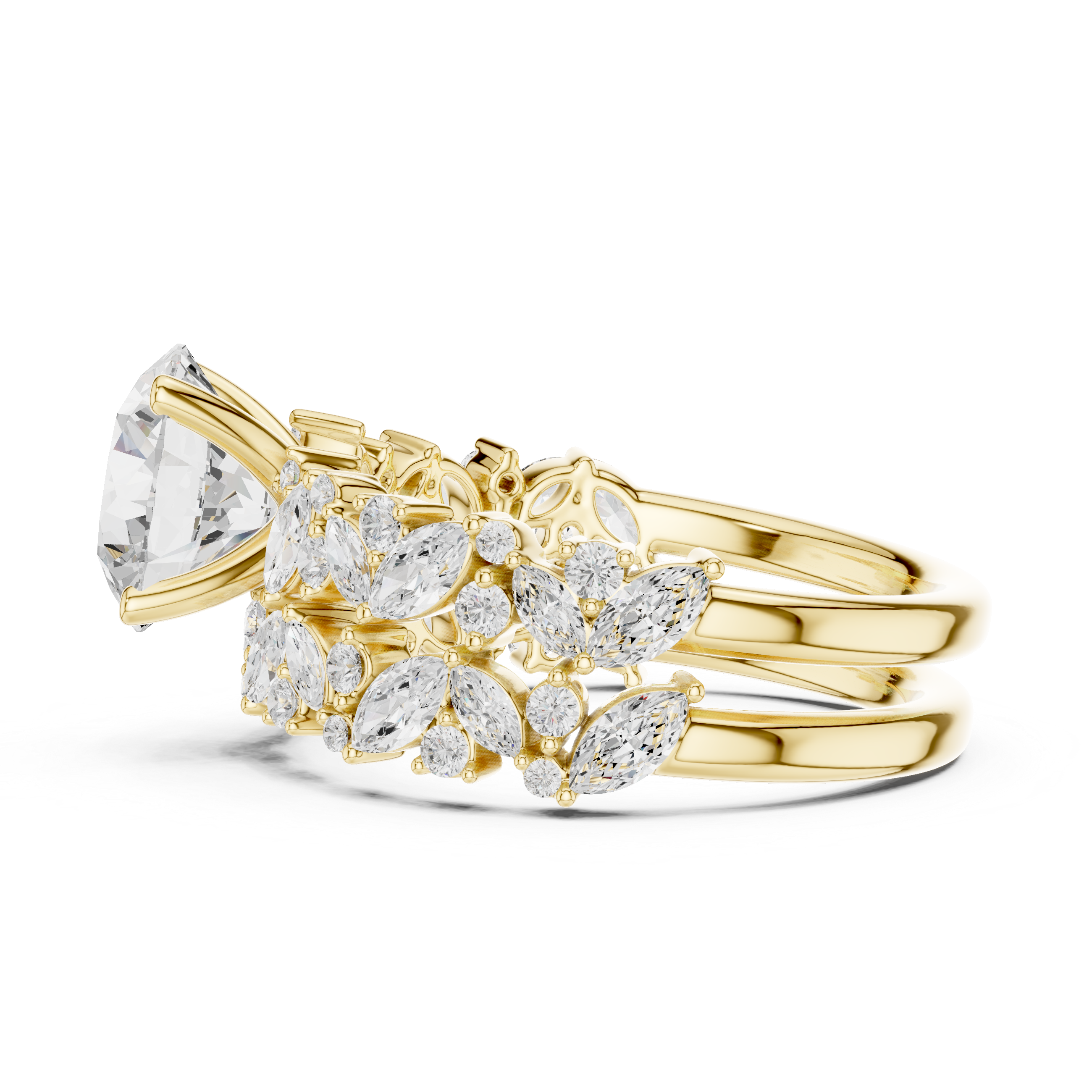 Luxury Round Cut Floral Diamond Bridal Ring Set with Marquise Cluster Bands