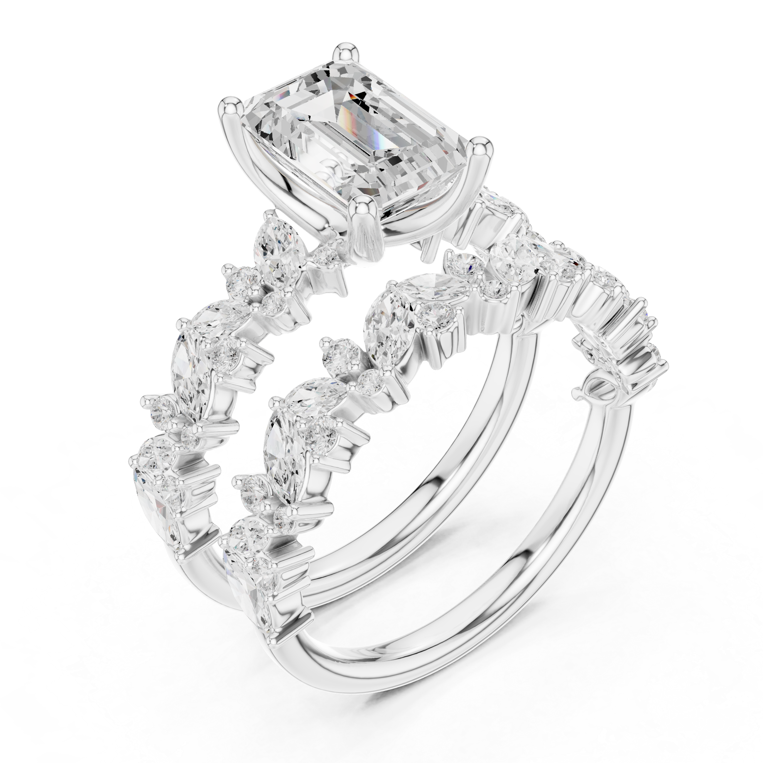 Emerald Cut Bridal Ring Set with Marquise Diamond Bands