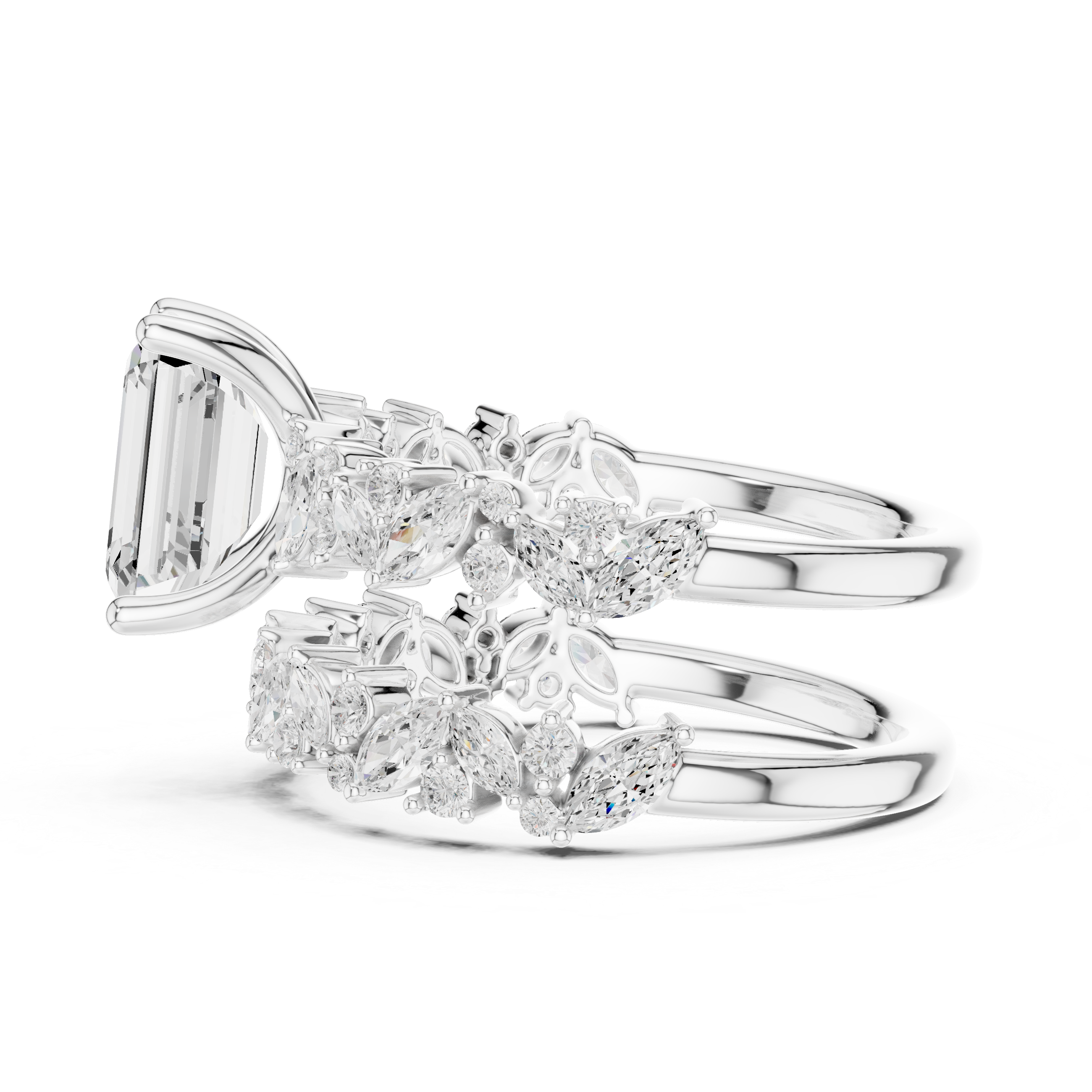 Emerald Cut Bridal Ring Set with Marquise Diamond Bands