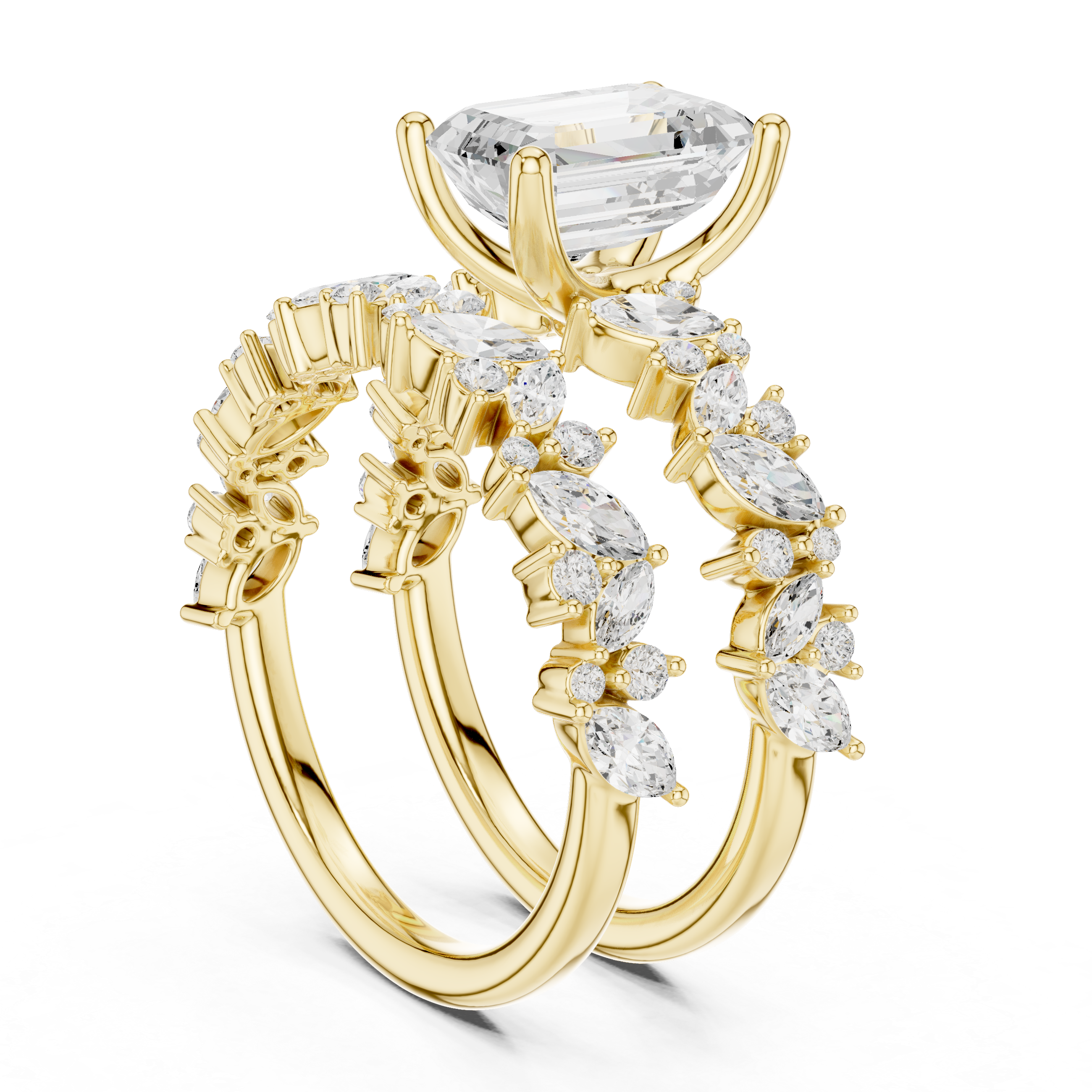 Emerald Cut Bridal Ring Set with Marquise Diamond Bands