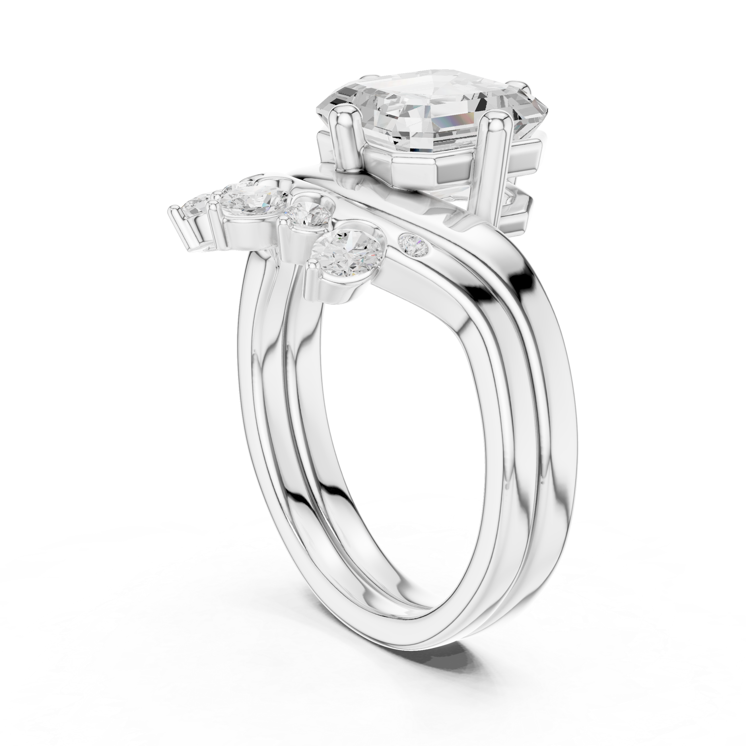 Asscher Cut Curved Bridal Ring Set with Diamond Crown Wedding Band