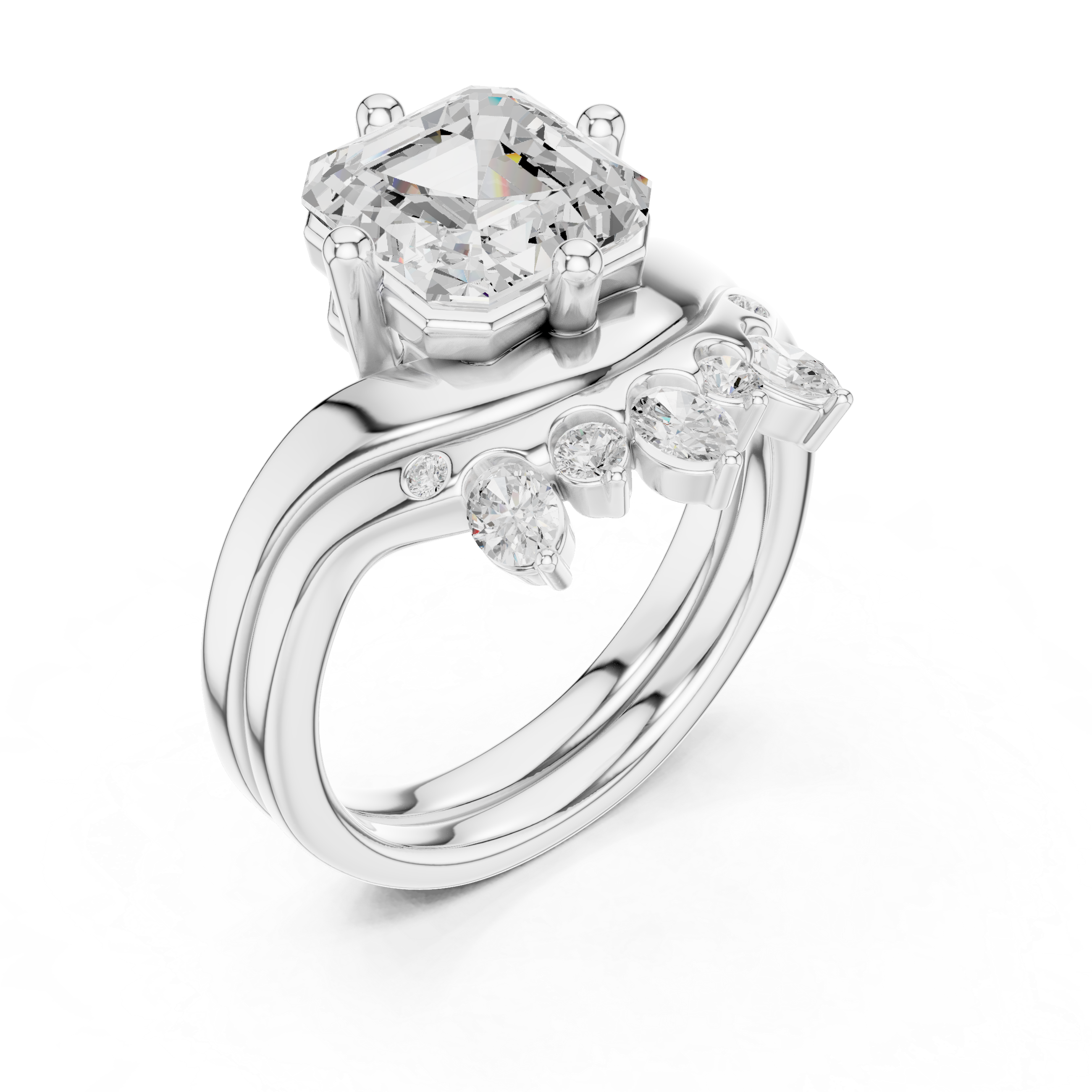 Asscher Cut Curved Bridal Ring Set with Diamond Crown Wedding Band