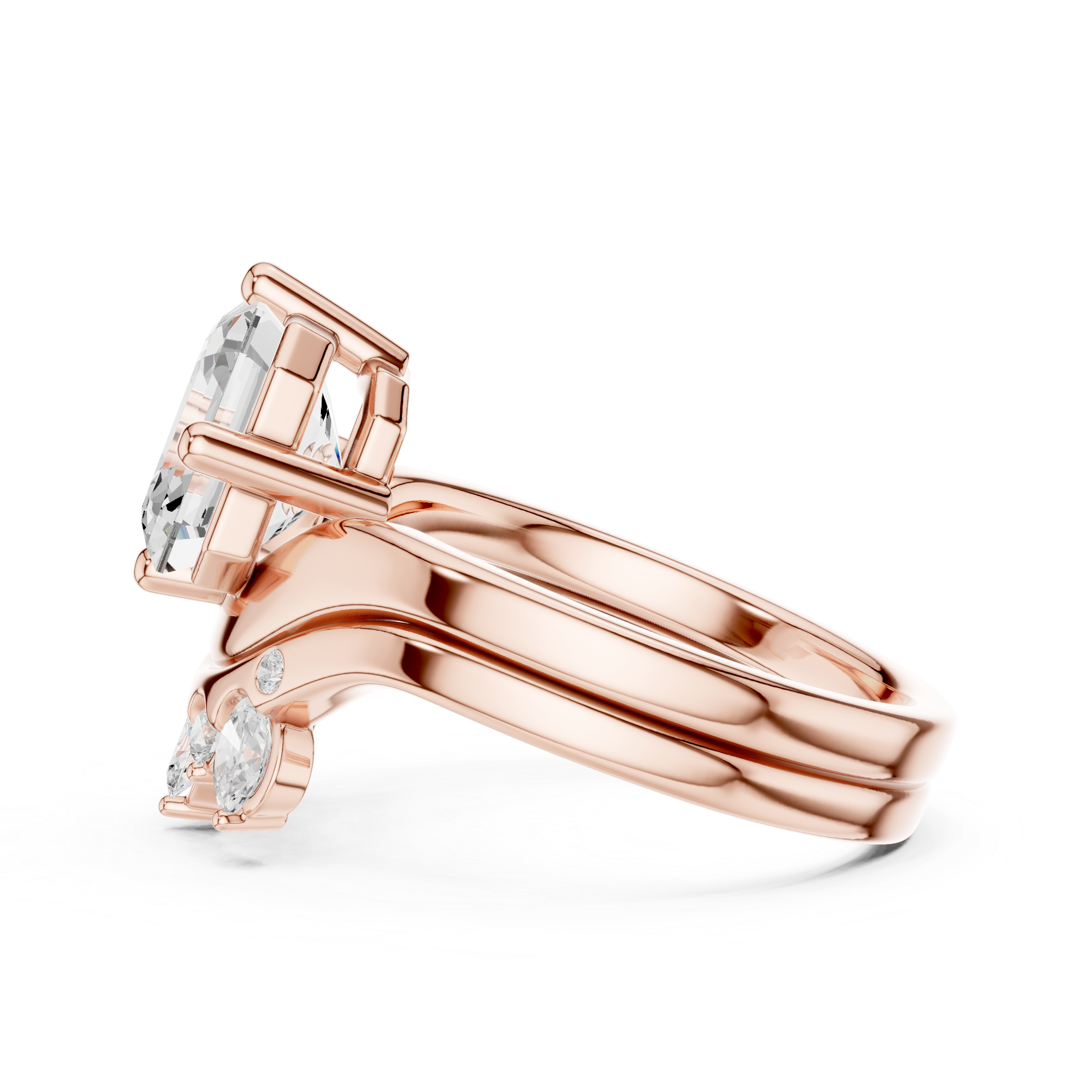 Asscher Cut Curved Bridal Ring Set with Diamond Crown Wedding Band