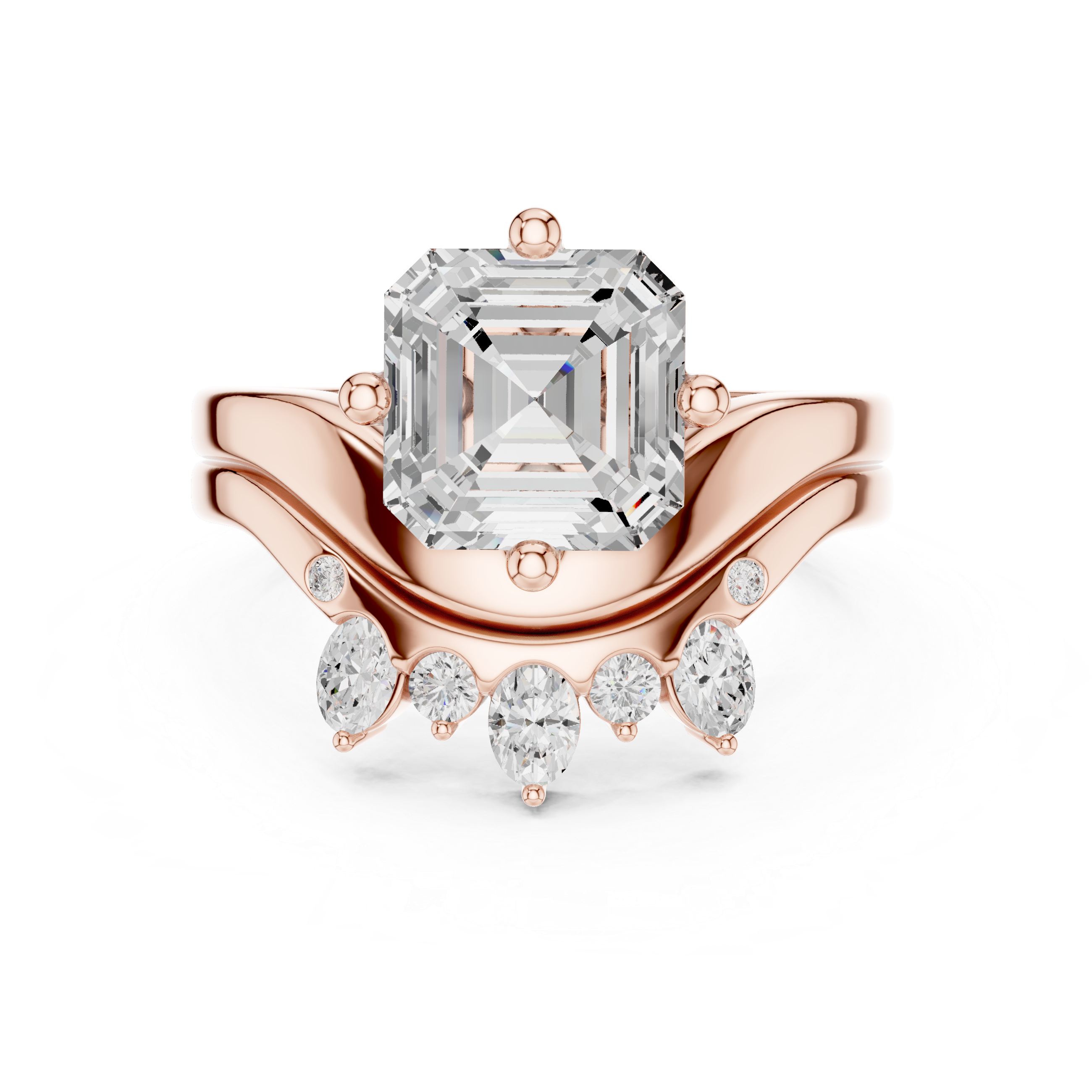 Asscher Cut Curved Bridal Ring Set with Diamond Crown Wedding Band