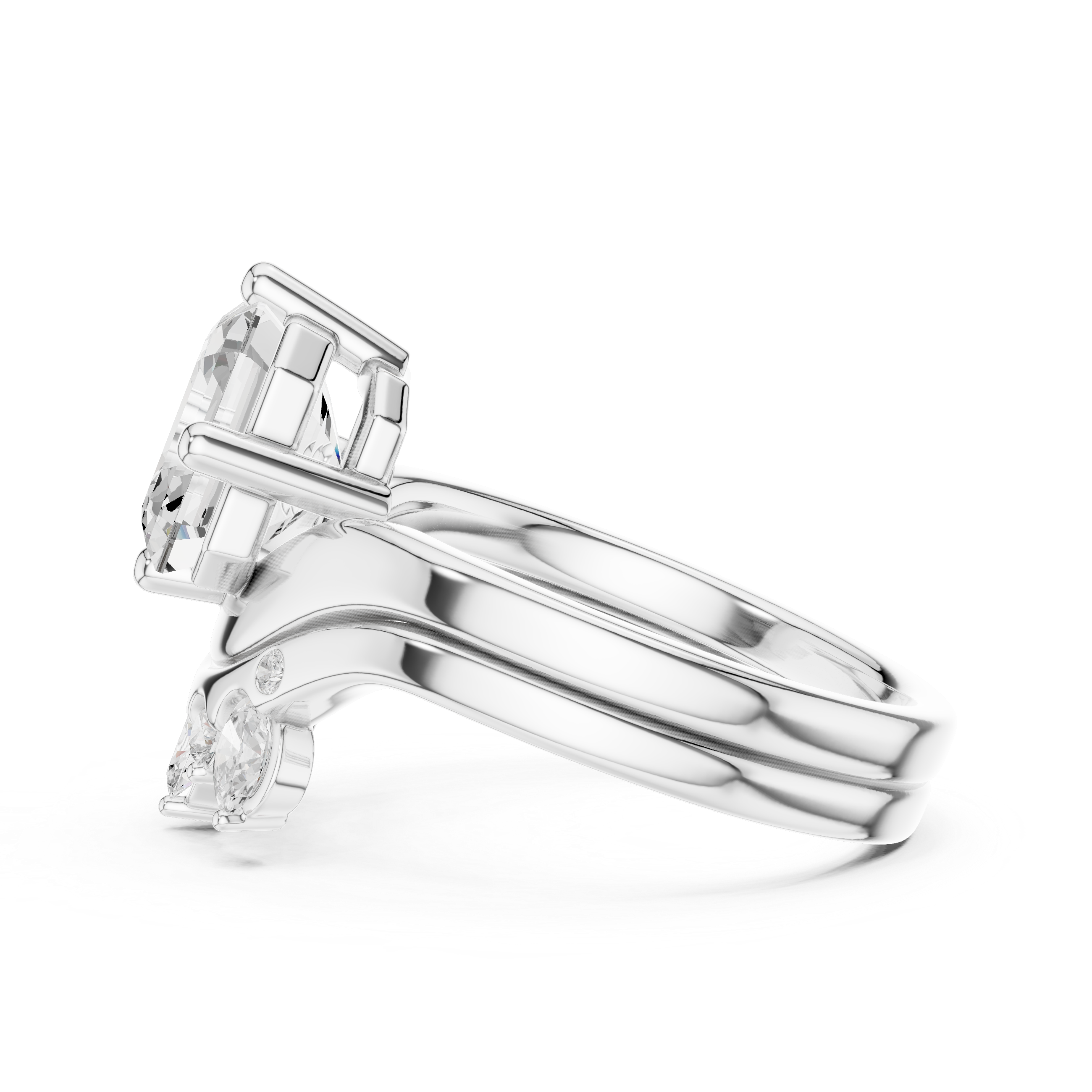 Asscher Cut Curved Bridal Ring Set with Diamond Crown Wedding Band